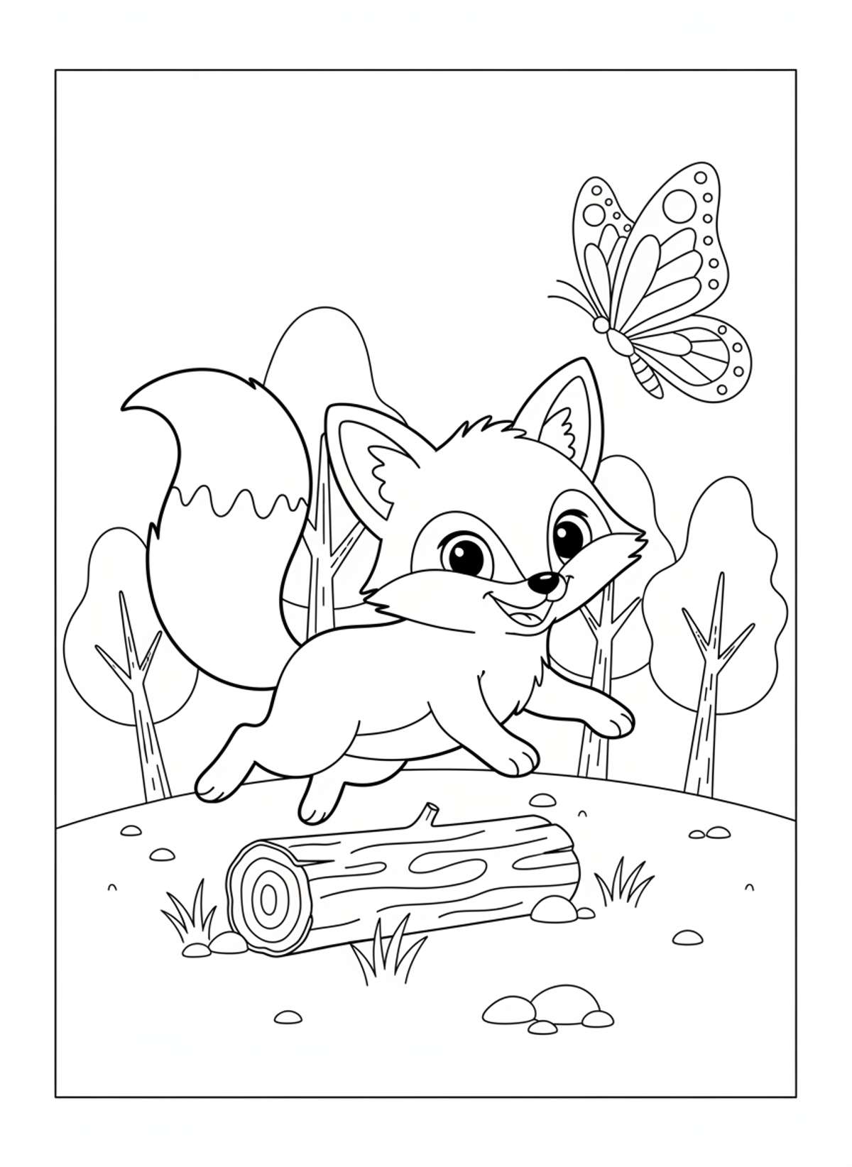 Playful Fox & Butterfly: A Joyful Jumping Adventure Coloring Page