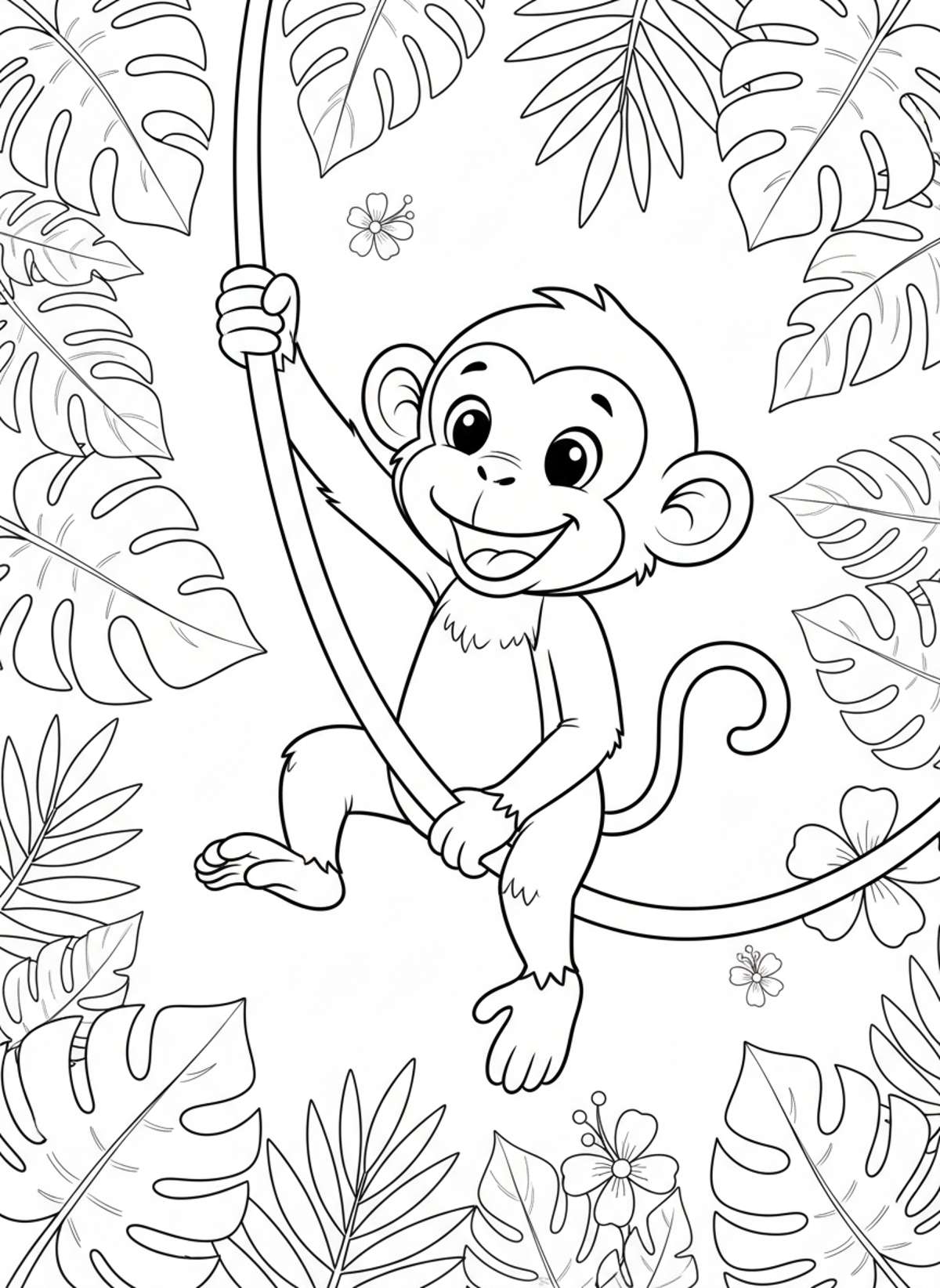 Playful Jungle Monkey Swinging Coloring Page for Kids