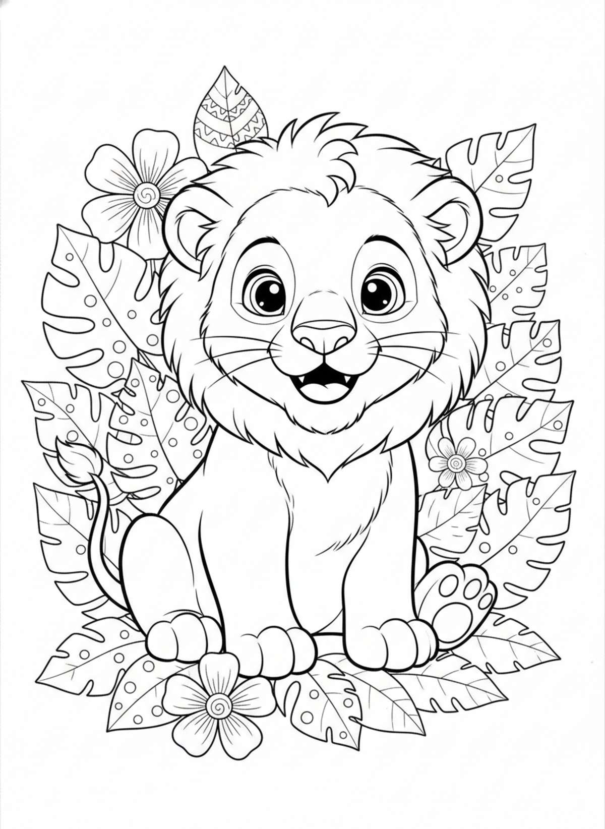 Playful Lion Cub in Jungle Leaves Coloring Page for Kids