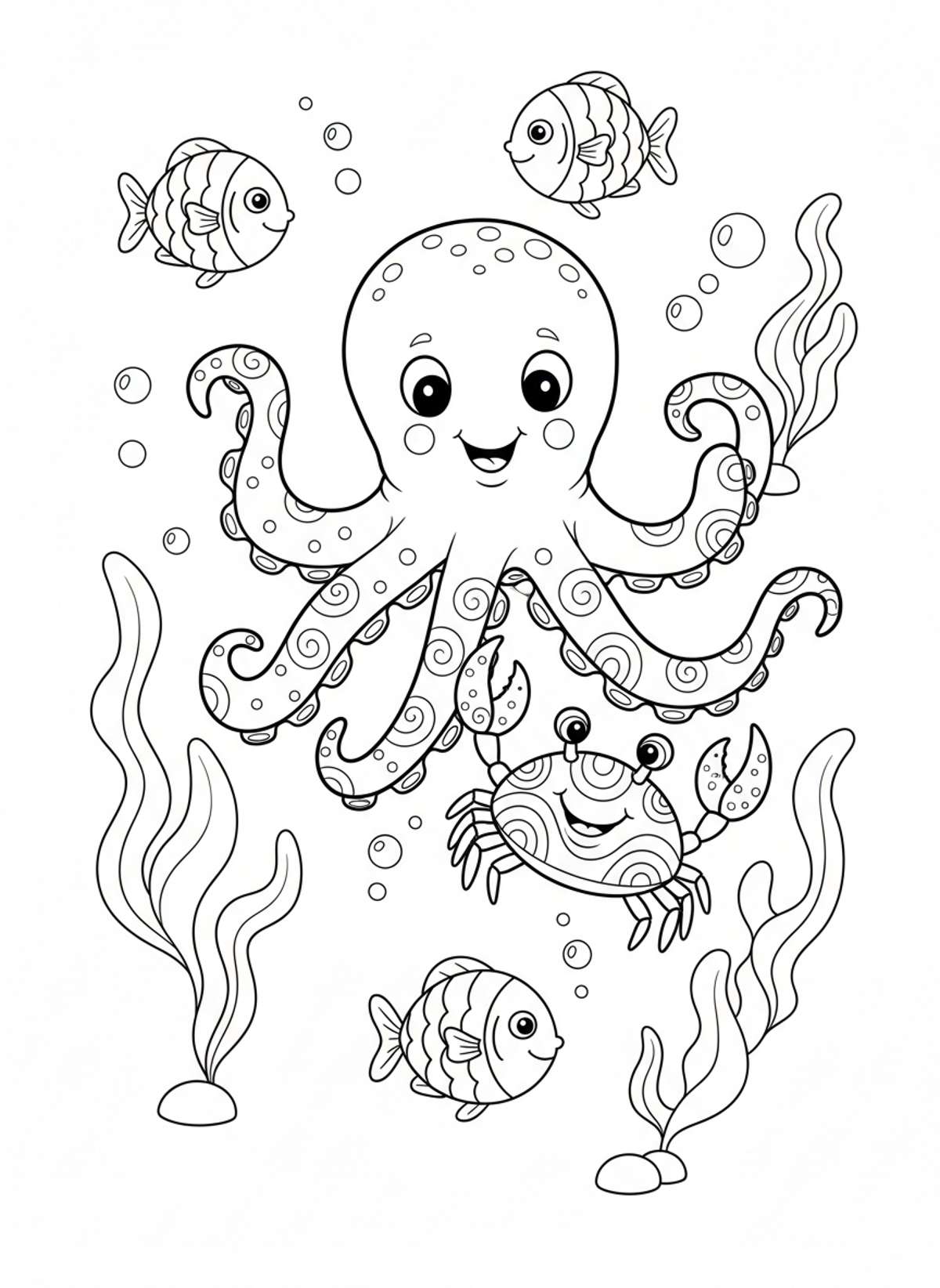 Playful Octopus & Crab Underwater Friends Coloring Page for Kids