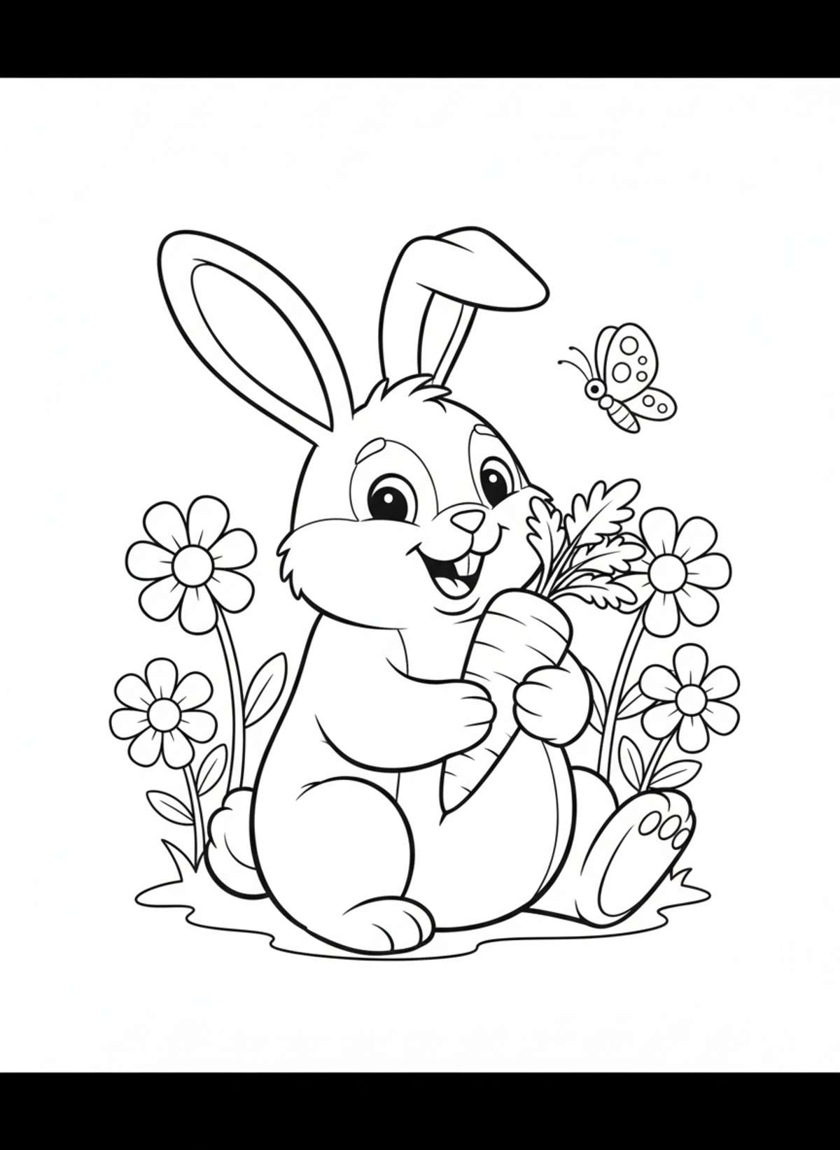 Playful Rabbit in Garden Coloring Page for Kids - Rabbit Coloring Page