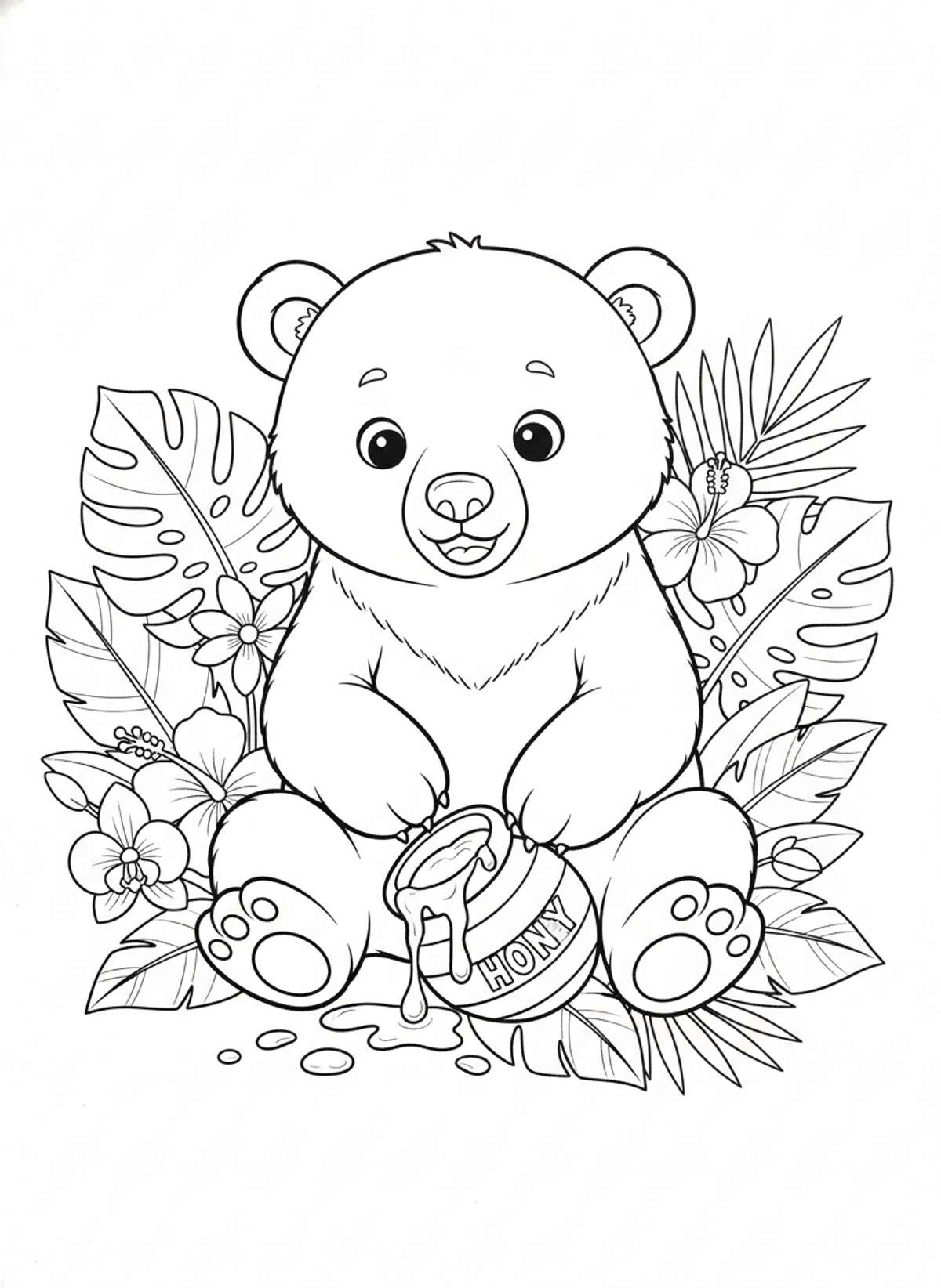 Playful Sun Bear Cub with Honey Pot Coloring Page for Kids - Bear Coloring Page