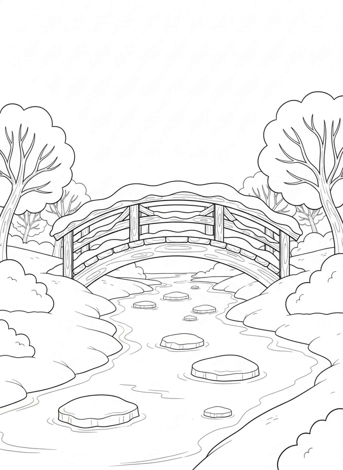 Quaint Snow-Covered Bridge Coloring Page - Winter Coloring Page