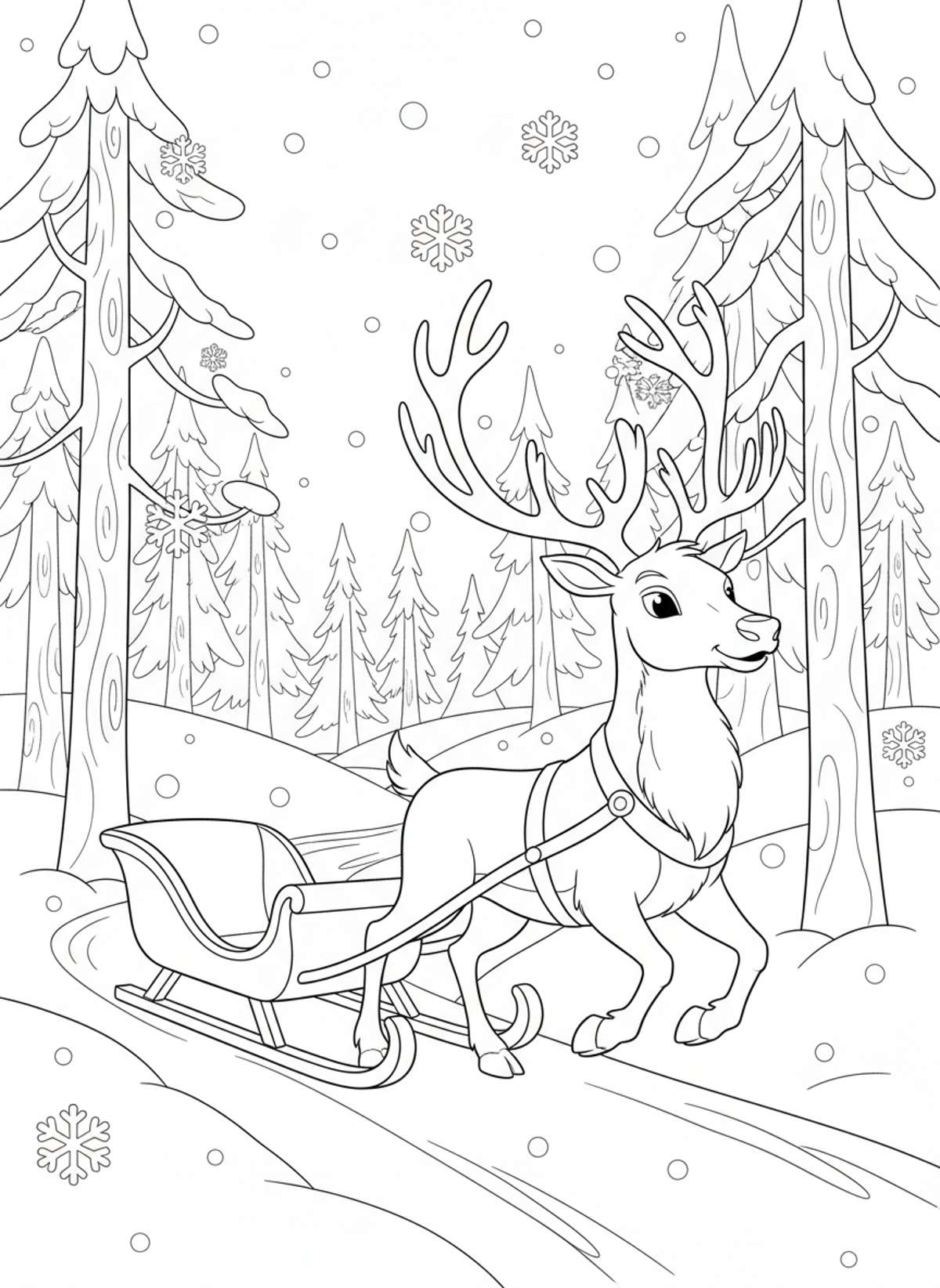 Reindeer Pulling Snowy Sleigh Coloring Page - Winter Coloring Page