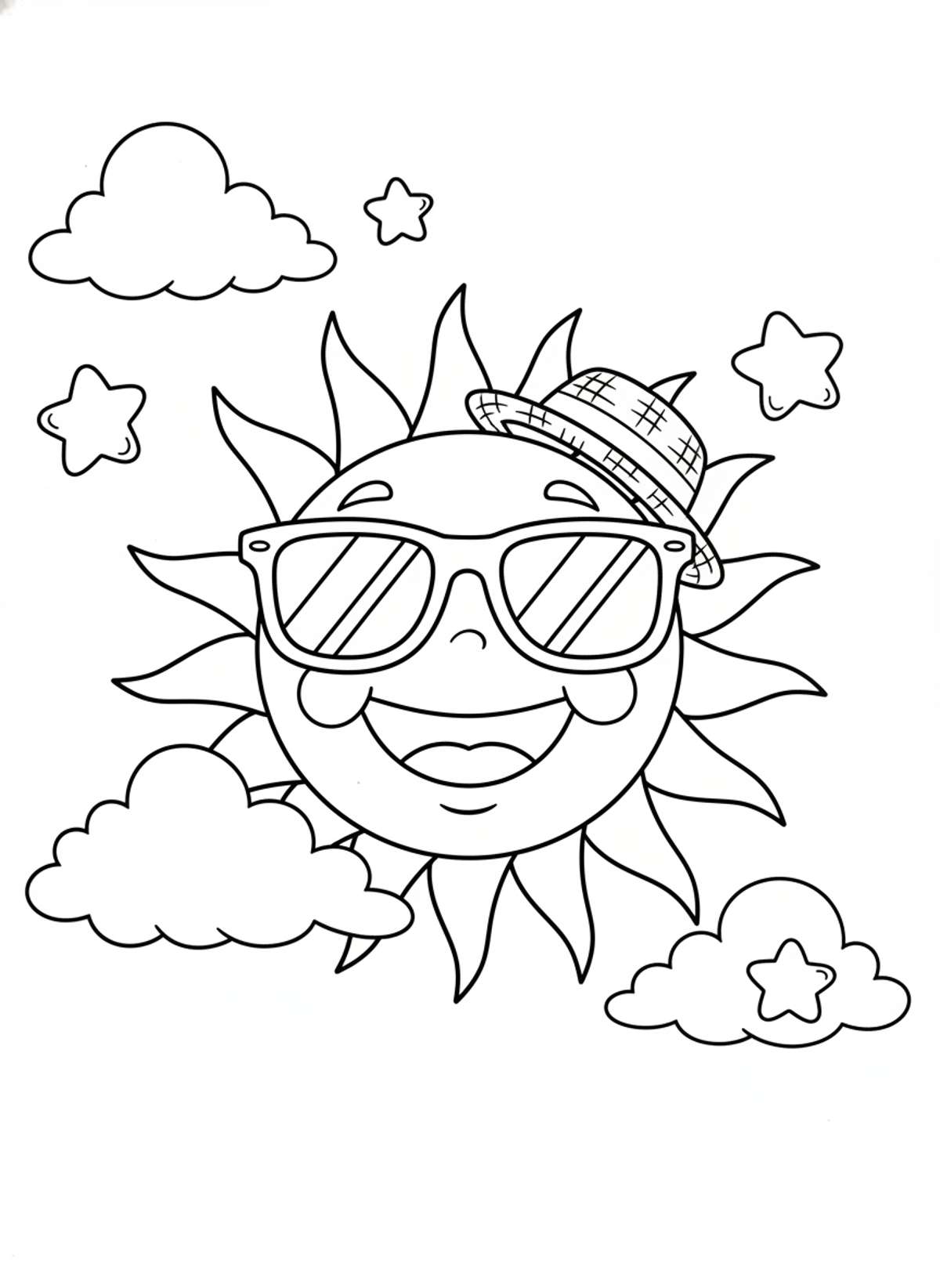 Smiling Sun with Sunglasses & Hat Coloring Page for Kids
