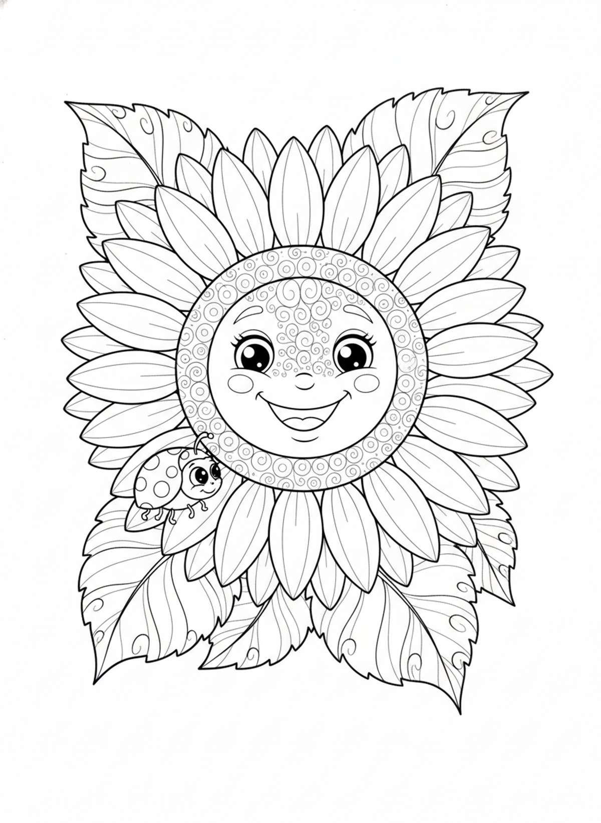Smiling Sunflower & Ladybug Coloring Page for Kids
