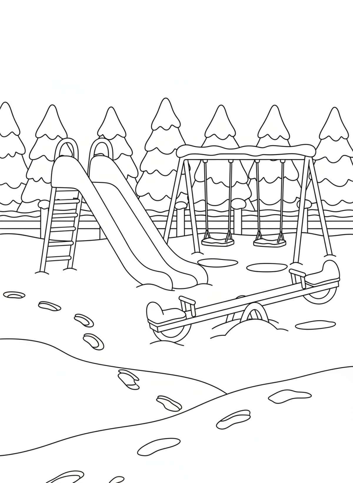 Snowy Playground Fun Coloring Page - Winter Coloring Page