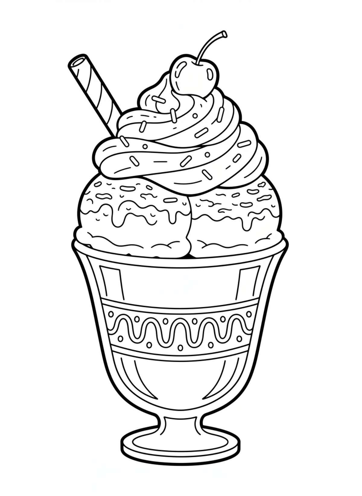 Sweet & Cheerful Ice Cream Sundae Coloring Page for Kids - Dessert Coloring Page