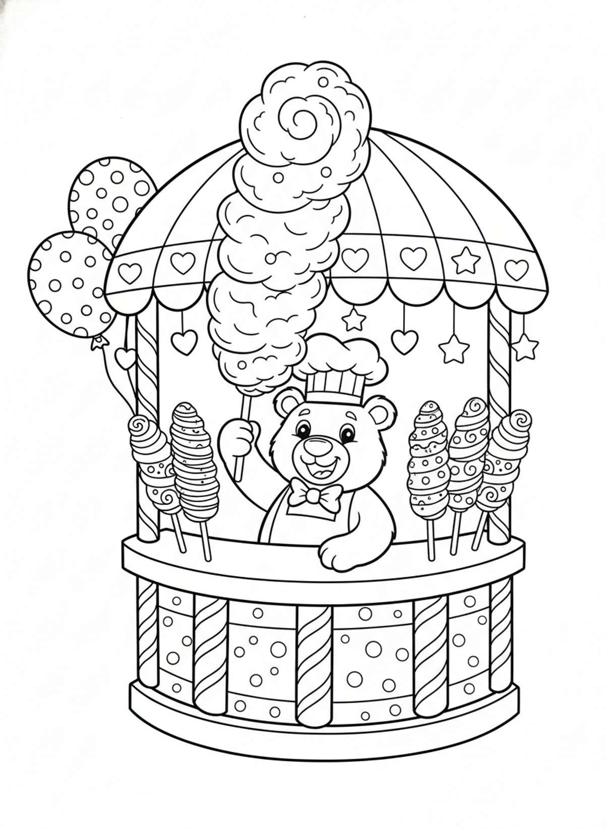Sweet Cotton Candy Stand Coloring Page for Kids - Dessert Coloring Page