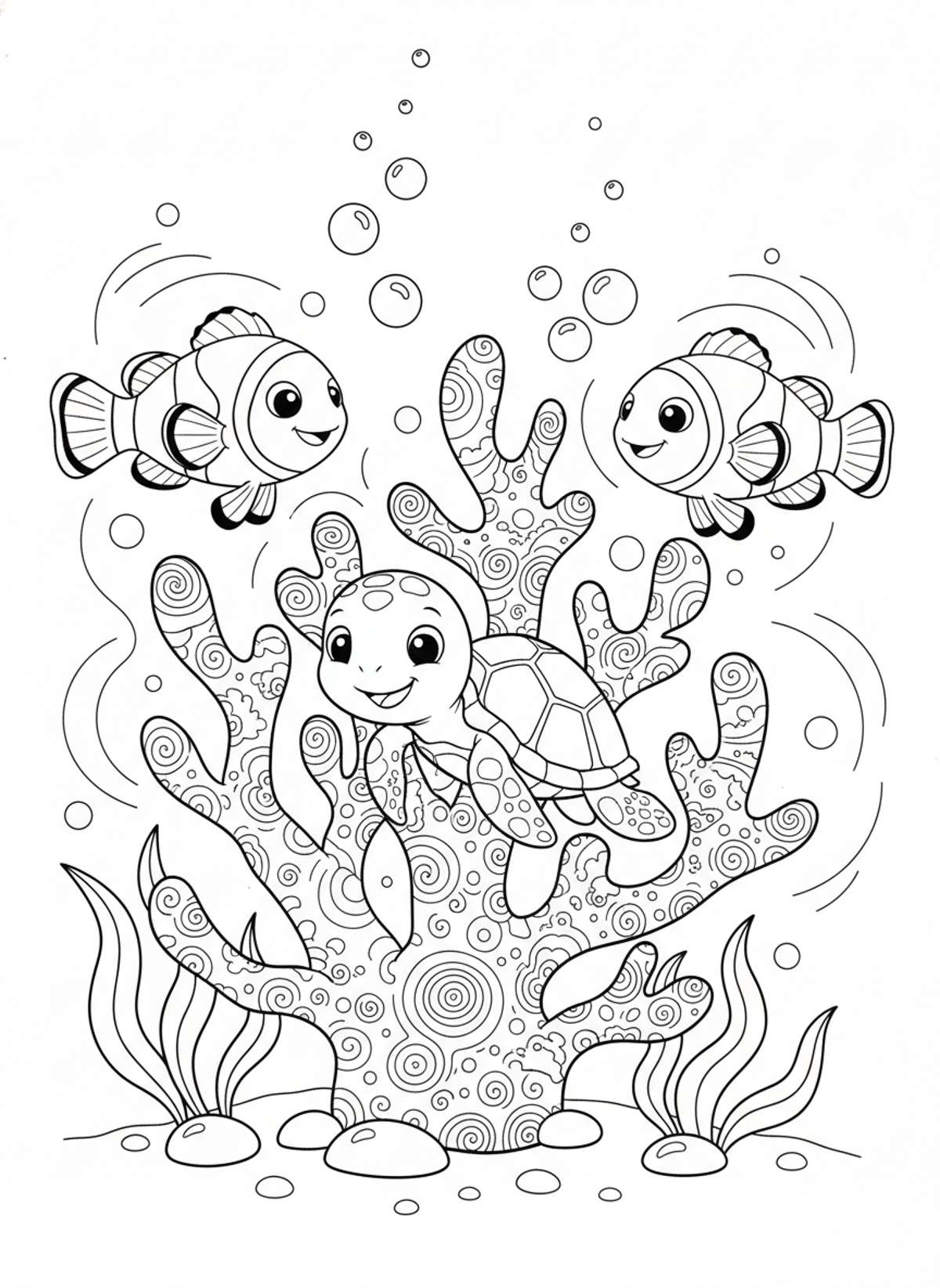 Underwater Fun: Clownfish & Sea Turtle Coloring Page for Kids - Ocean Animal Coloring Page