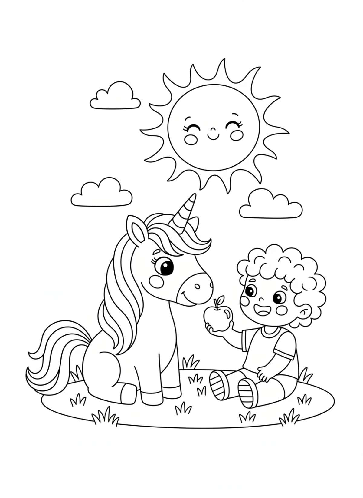 Unicorn & Child Sharing Apple Coloring Page