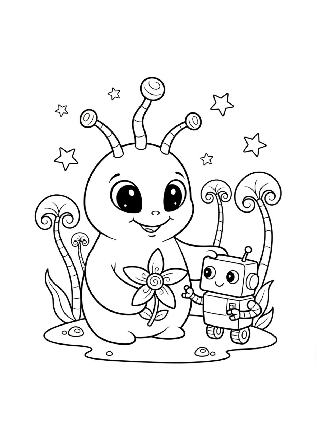 Whimsical Alien & Robot Friends: A Space Adventure Coloring Page