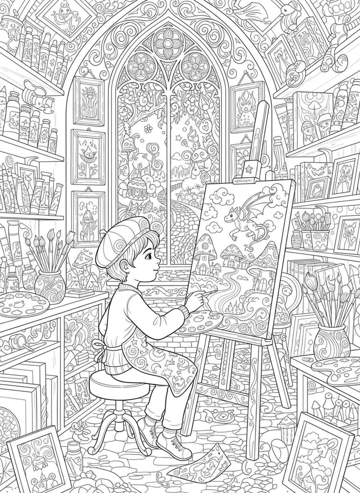 Whimsical Art Studio: Young Artist Painting Magical Landscape - Art Supplies Coloring Page