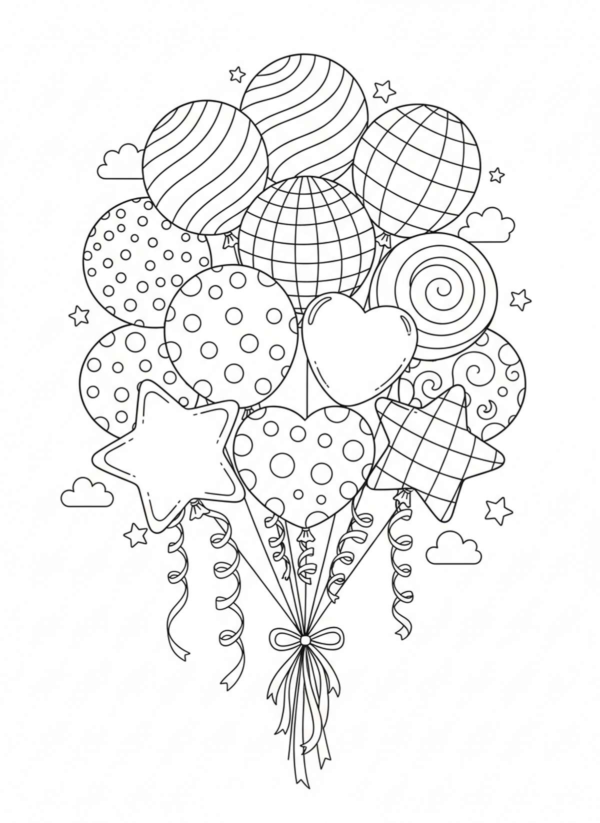 Whimsical Balloons & Stars Coloring Page for Kids - Festival Celebration Coloring Page