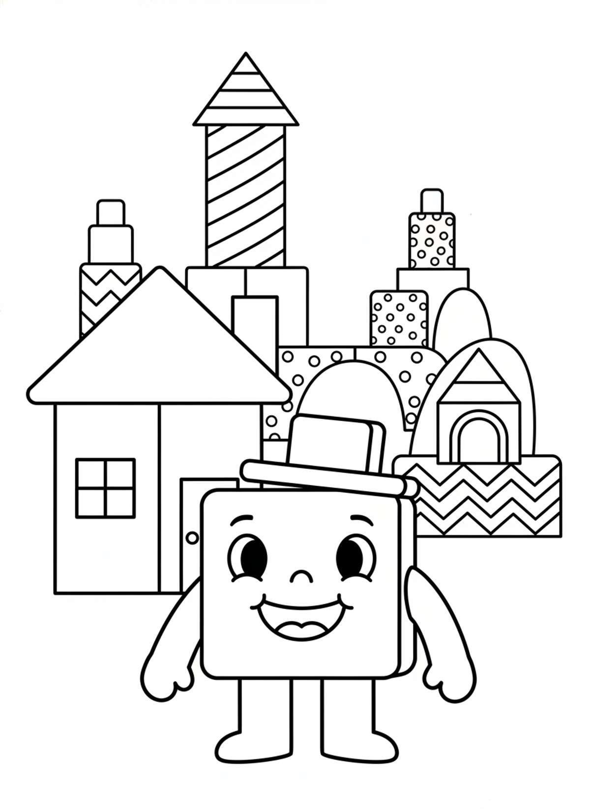 Whimsical Block Town: A Fun Coloring Page for Kids