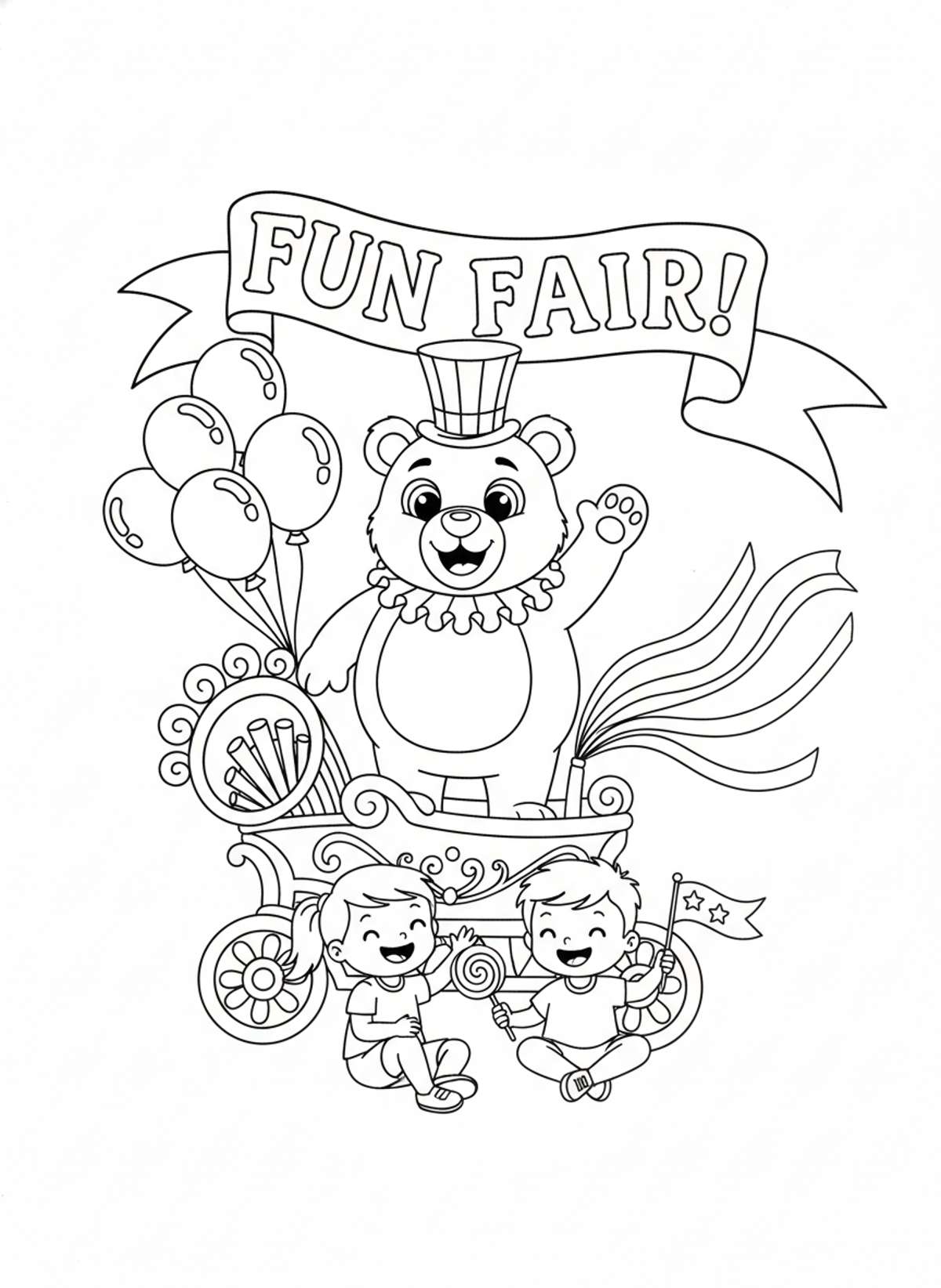 Whimsical Carnival Parade with Bear Mascot and Cheerful Children - Festival Celebration Coloring Page