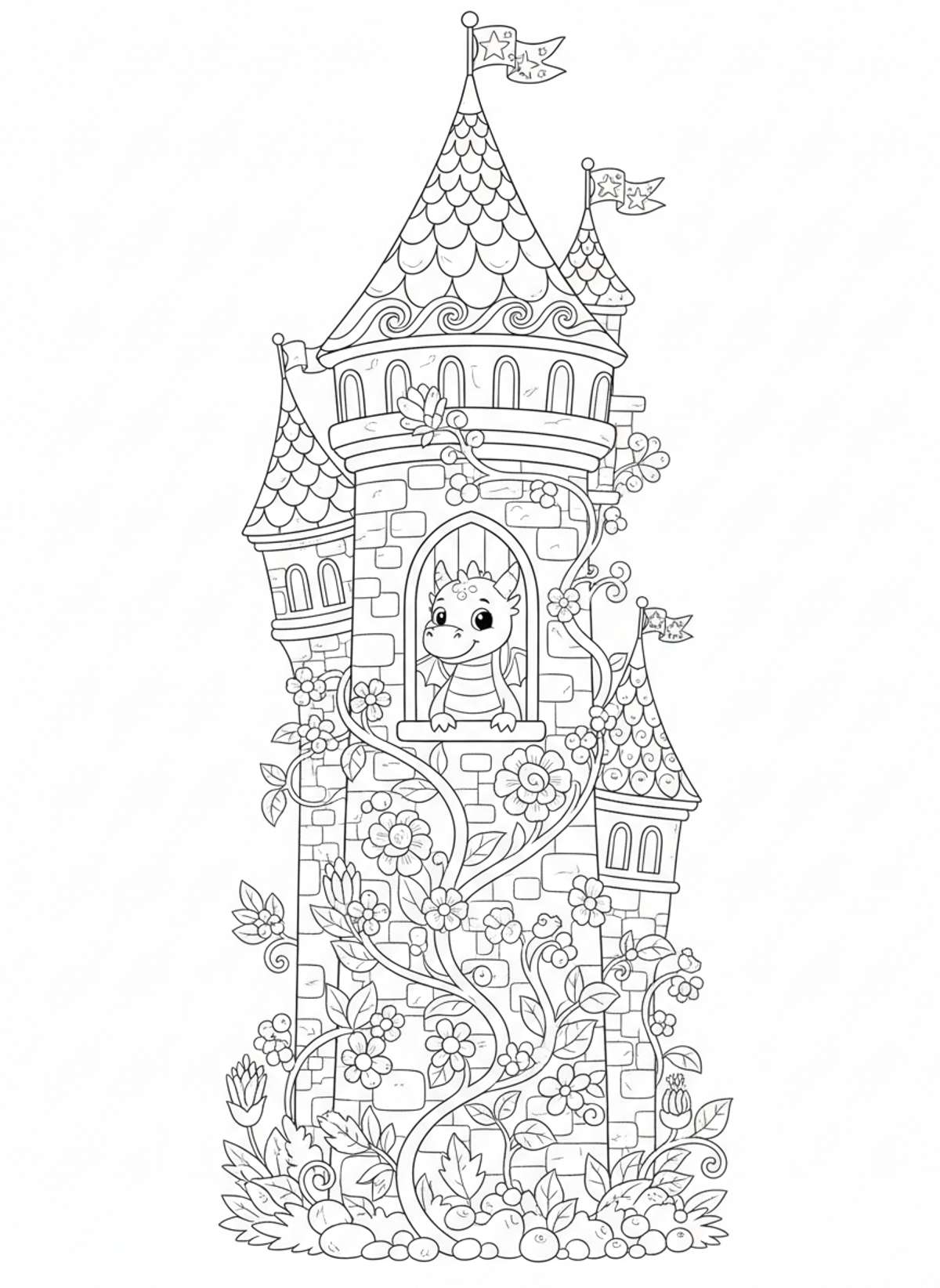 Whimsical Castle Tower with Friendly Dragon Coloring Page