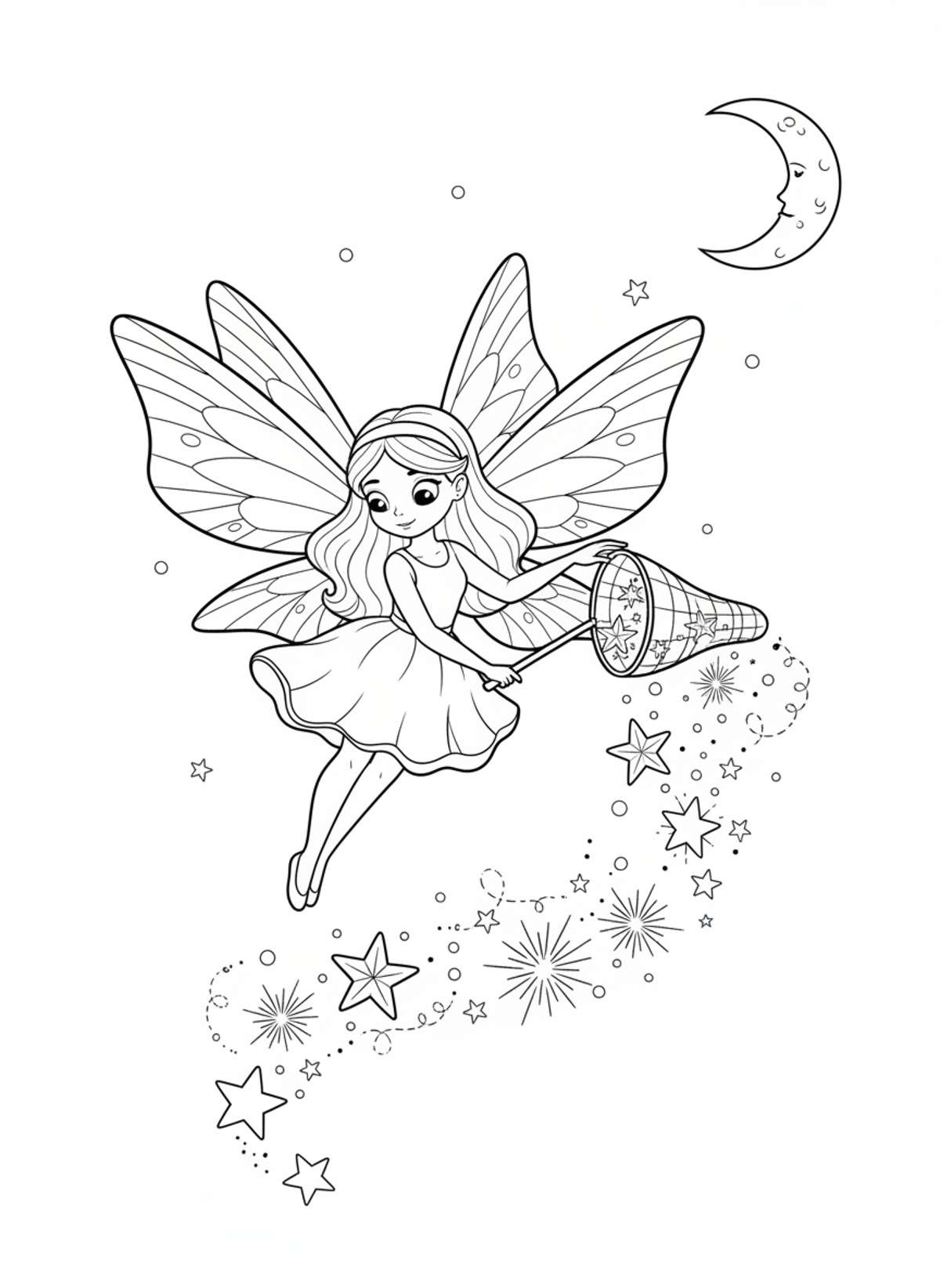 Whimsical Fairy Star Collector Kids Coloring Page