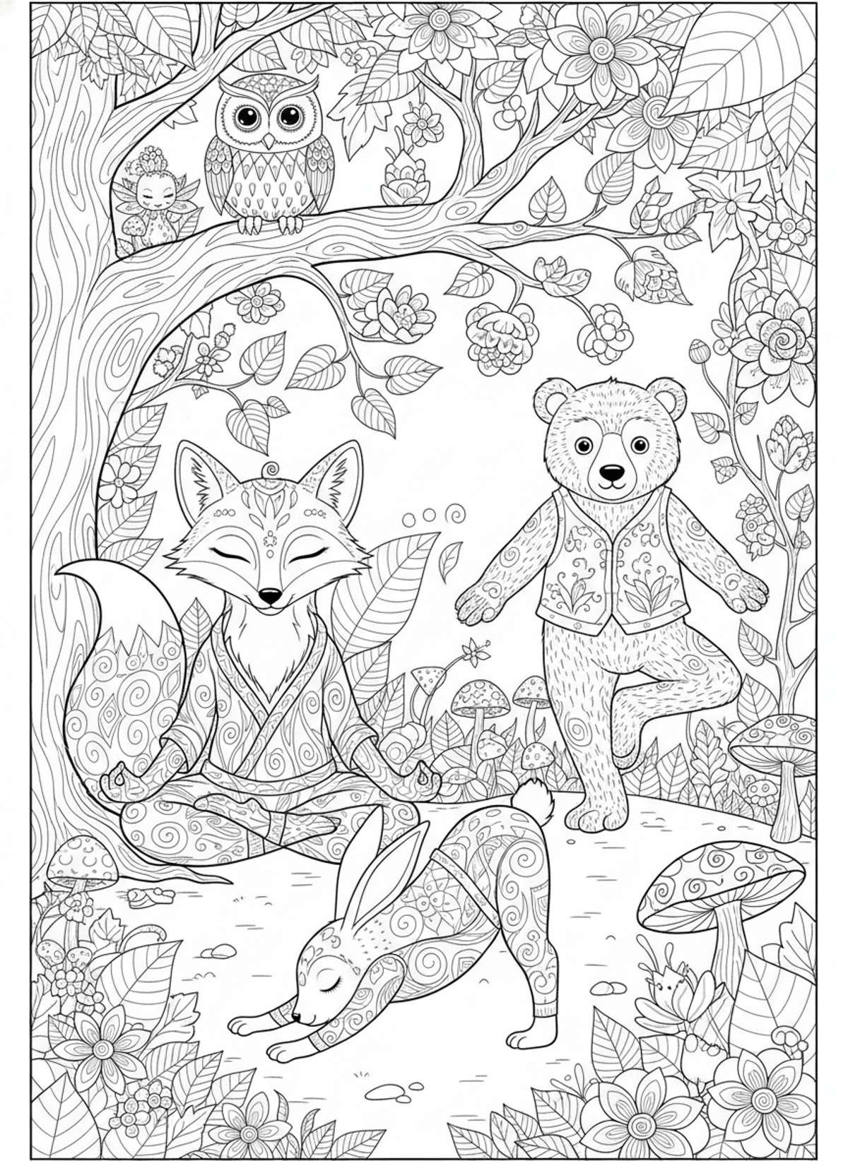 Whimsical Forest Animals Practicing Yoga - Friends Coloring Page