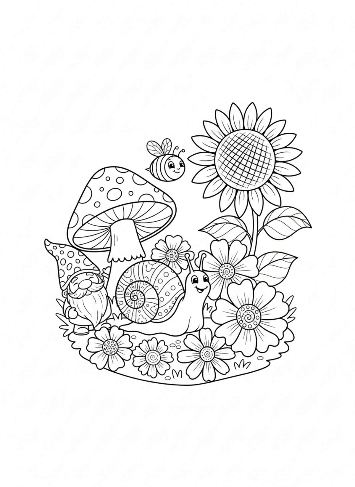 Whimsical Garden Adventure: Snail, Bee & Gnome Fun - Friends Coloring Page
