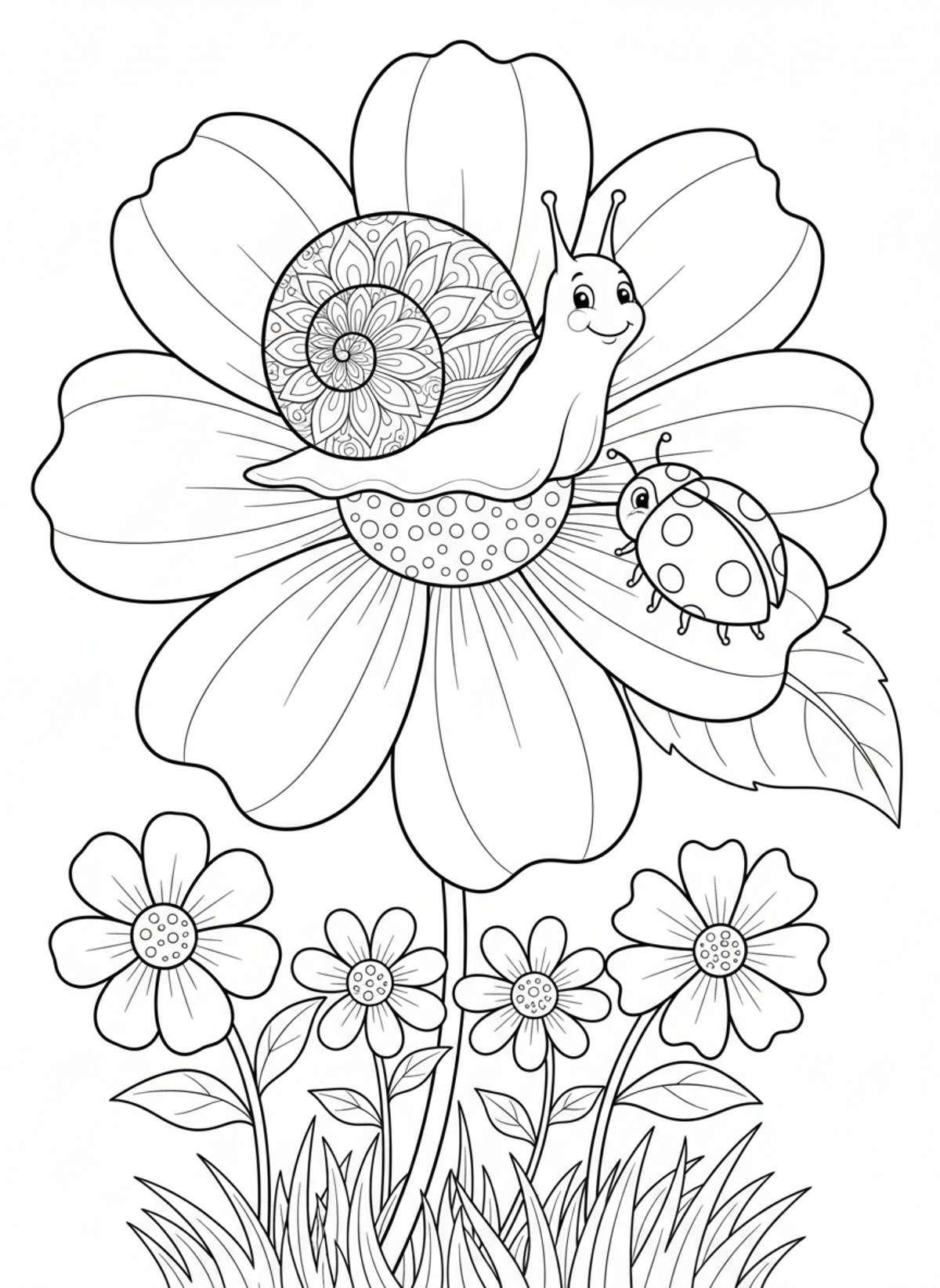 Whimsical Garden Snail & Ladybug Flower Coloring Page for Kids