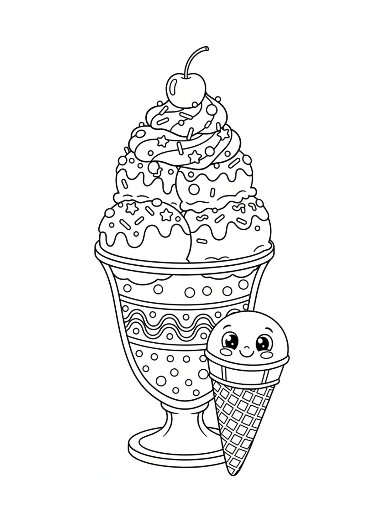 Whimsical Ice Cream Sundae with Waffle Cone Friend Coloring Page - Dessert Coloring Page