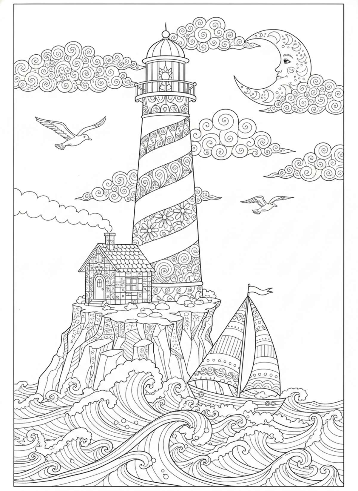 Whimsical Lighthouse Adventure: A Detailed Seascape Coloring Page