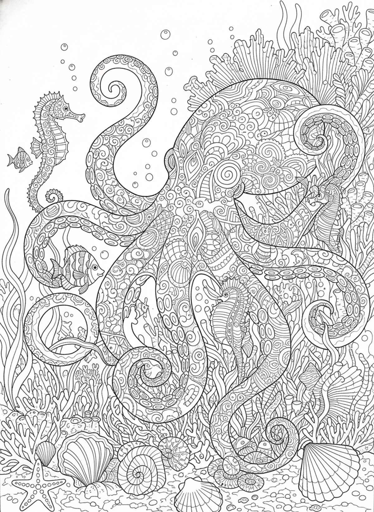 Whimsical Octopus and Detailed Underwater World Coloring Page for Kids