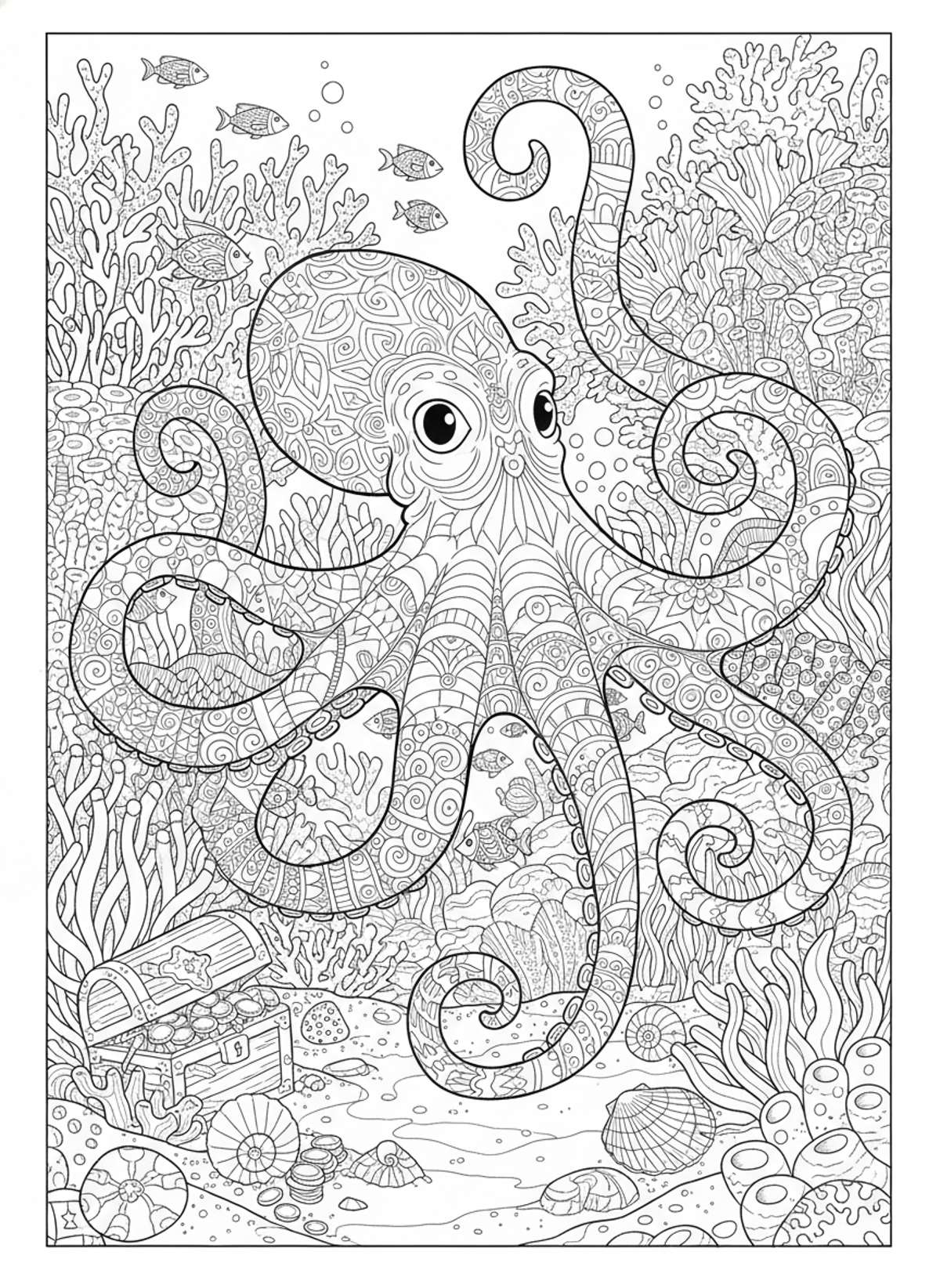 Whimsical Octopus & Intricate Coral Reef Coloring Page for Kids 8-10 - Ocean Animal Coloring Page