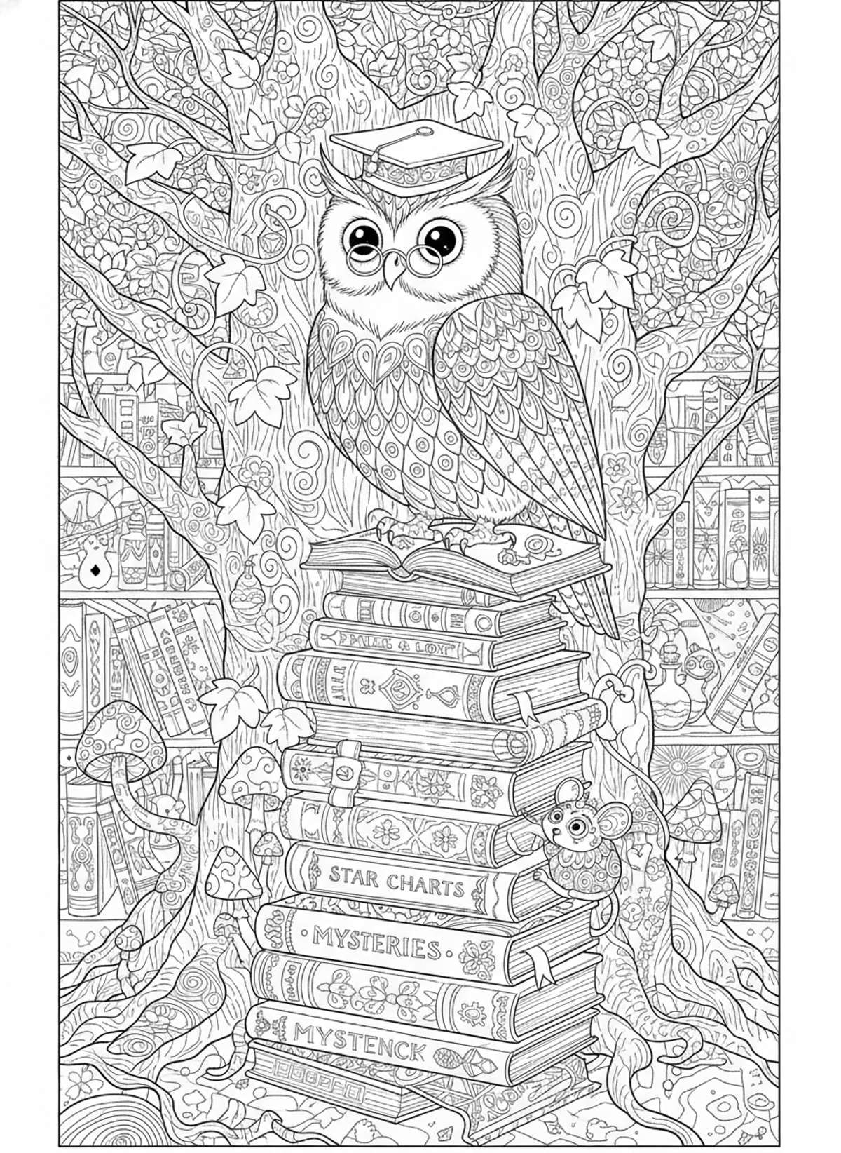 Whimsical Owl Library: An Enchanting Coloring Adventure - Owl Coloring Page