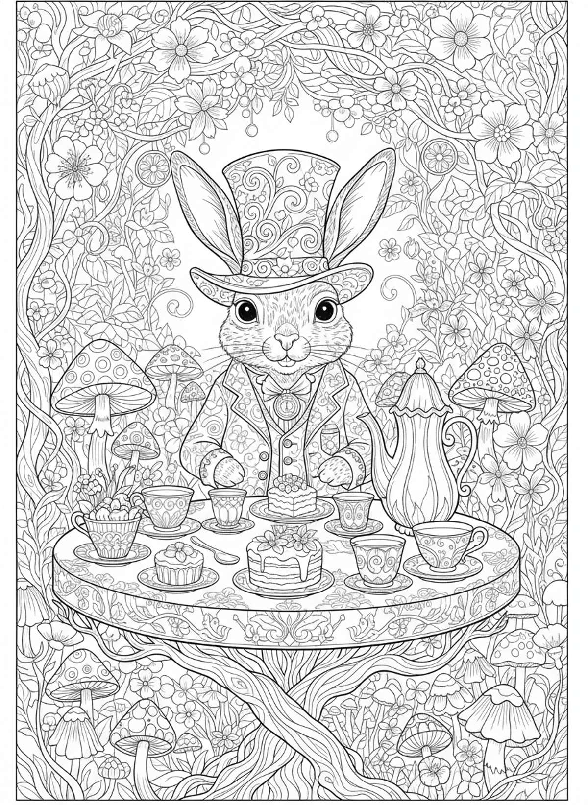 Whimsical Rabbit Tea Party in an Enchanted Garden - Rabbit Coloring Page