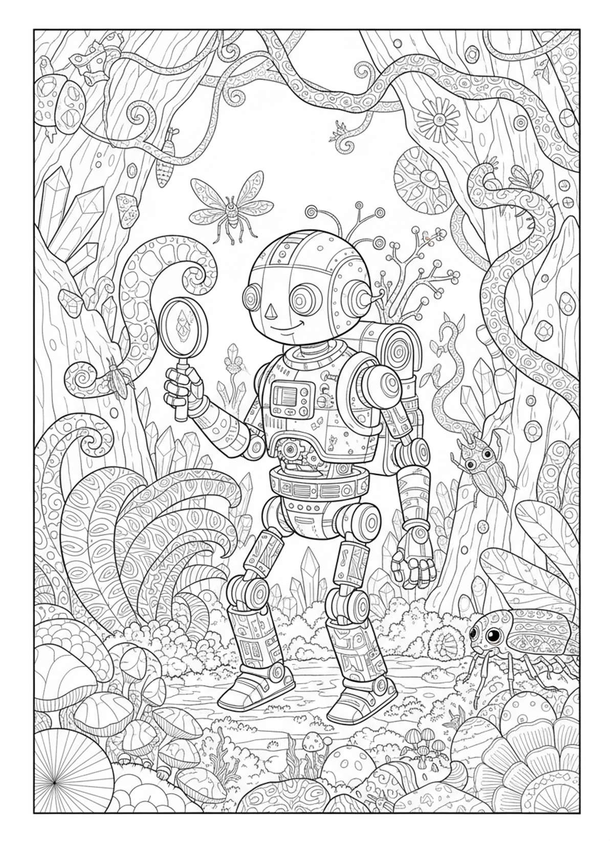Whimsical Robot Explorer in Alien Botanical Garden Coloring Page - Robot Coloring Page