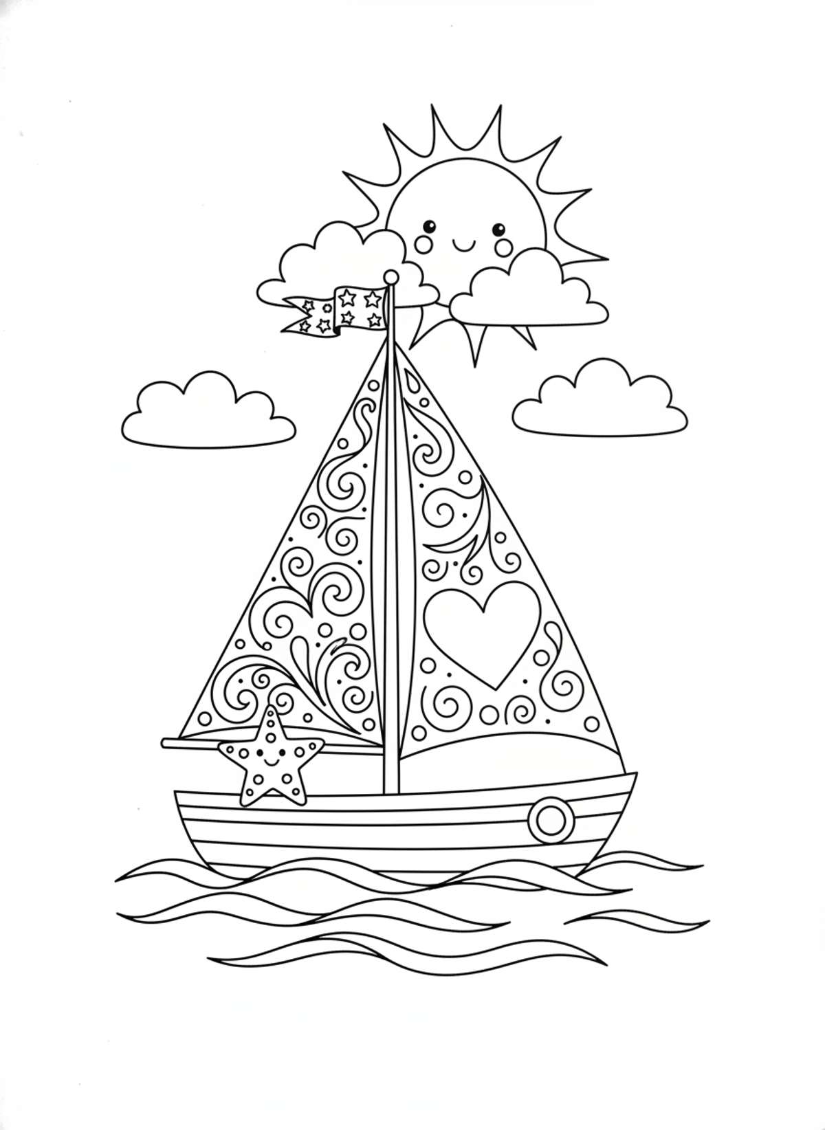 Whimsical Sailboat Adventure: A Cute Coloring Page for Kids