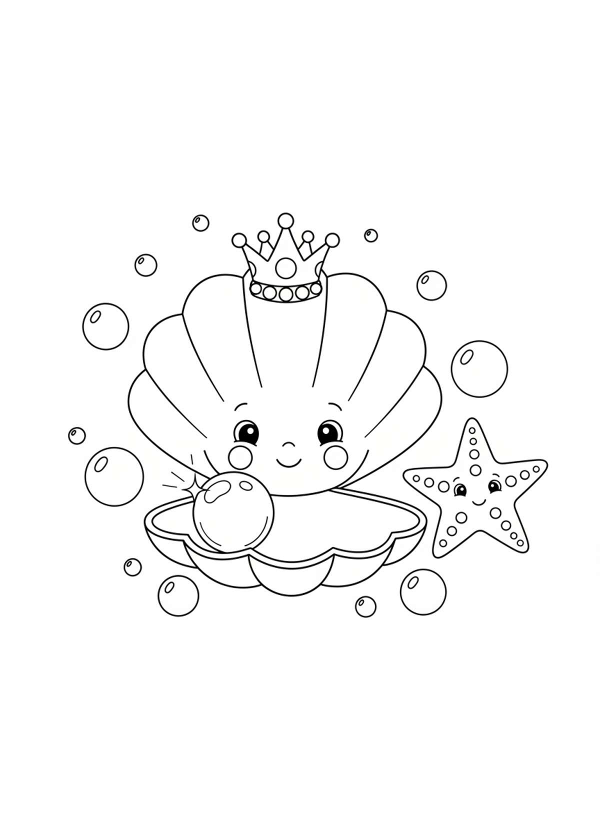 Whimsical Scallop Shell & Starfish Coloring Page - Ocean Animal Coloring Page