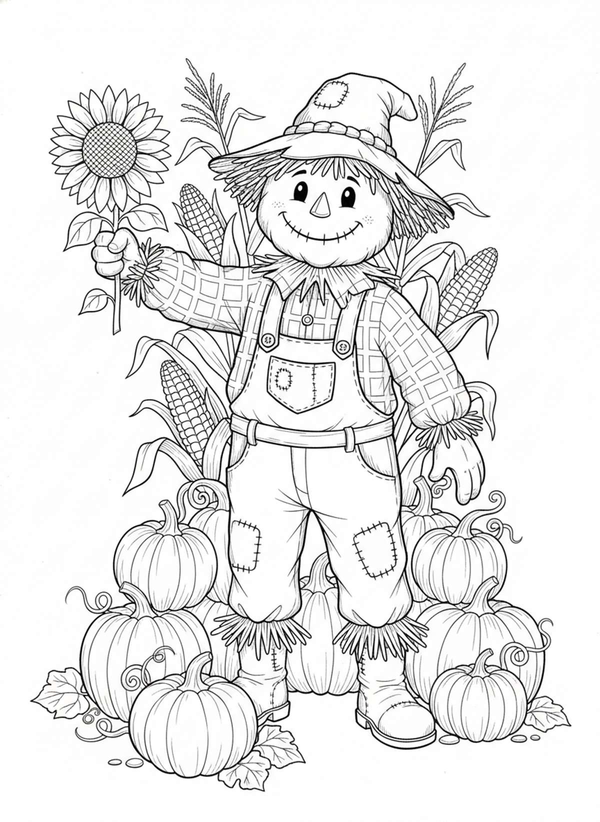 Whimsical Scarecrow & Pumpkin Patch Coloring Page for Kids