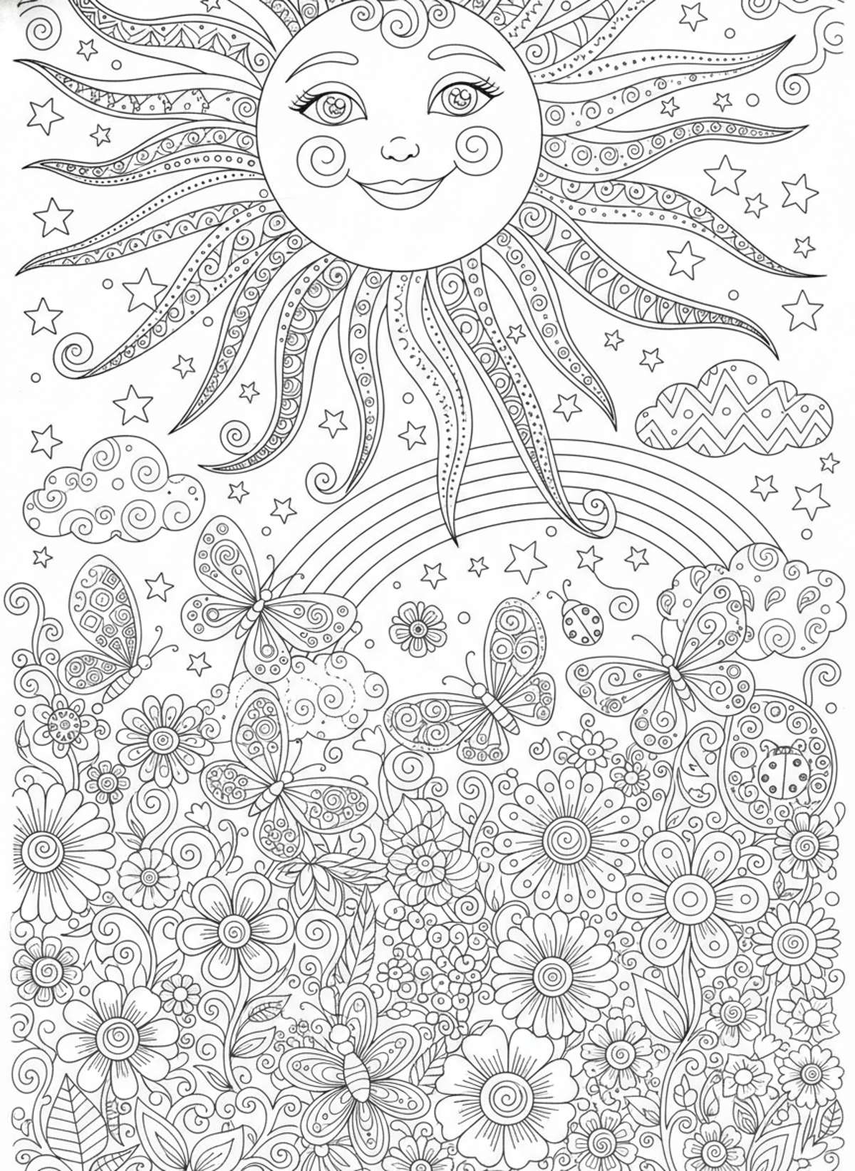 Whimsical Sun & Fantasy Garden Coloring Page for Kids