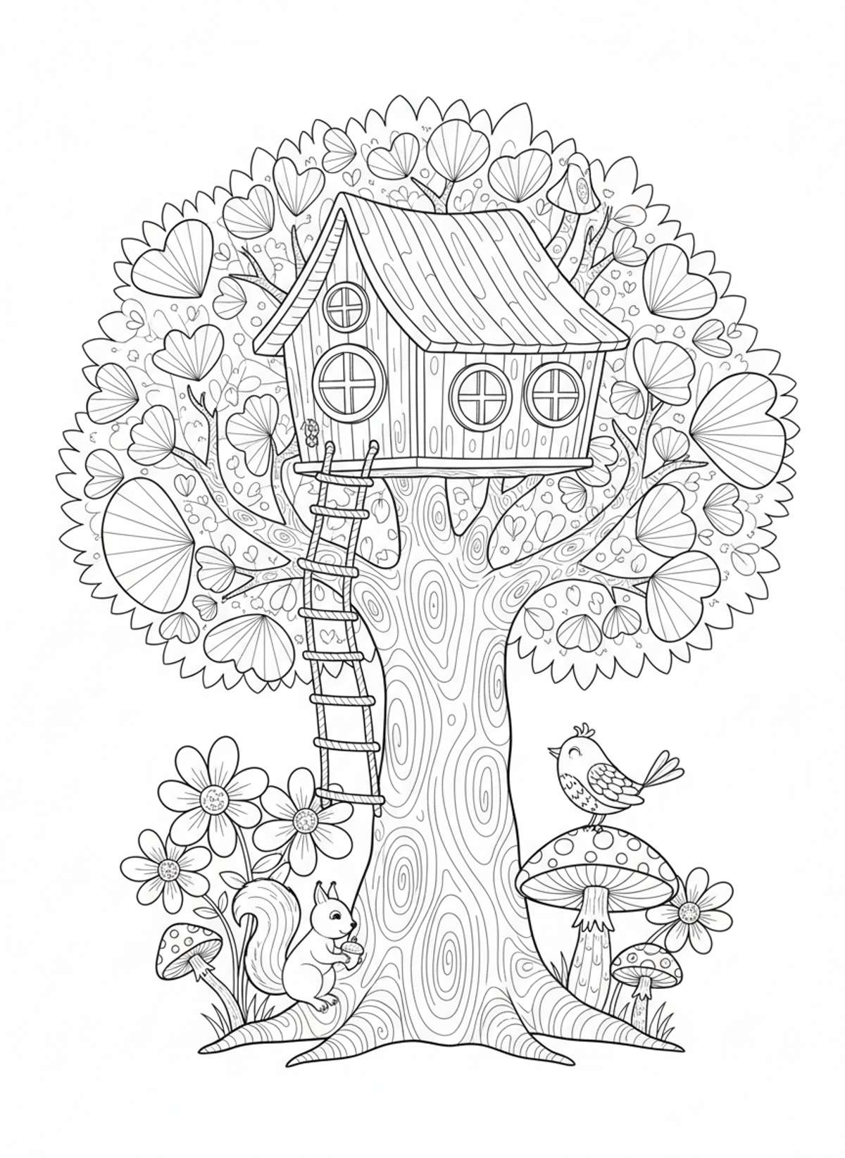 Whimsical Treehouse Adventure: A Forest Friends Coloring Page for Kids
