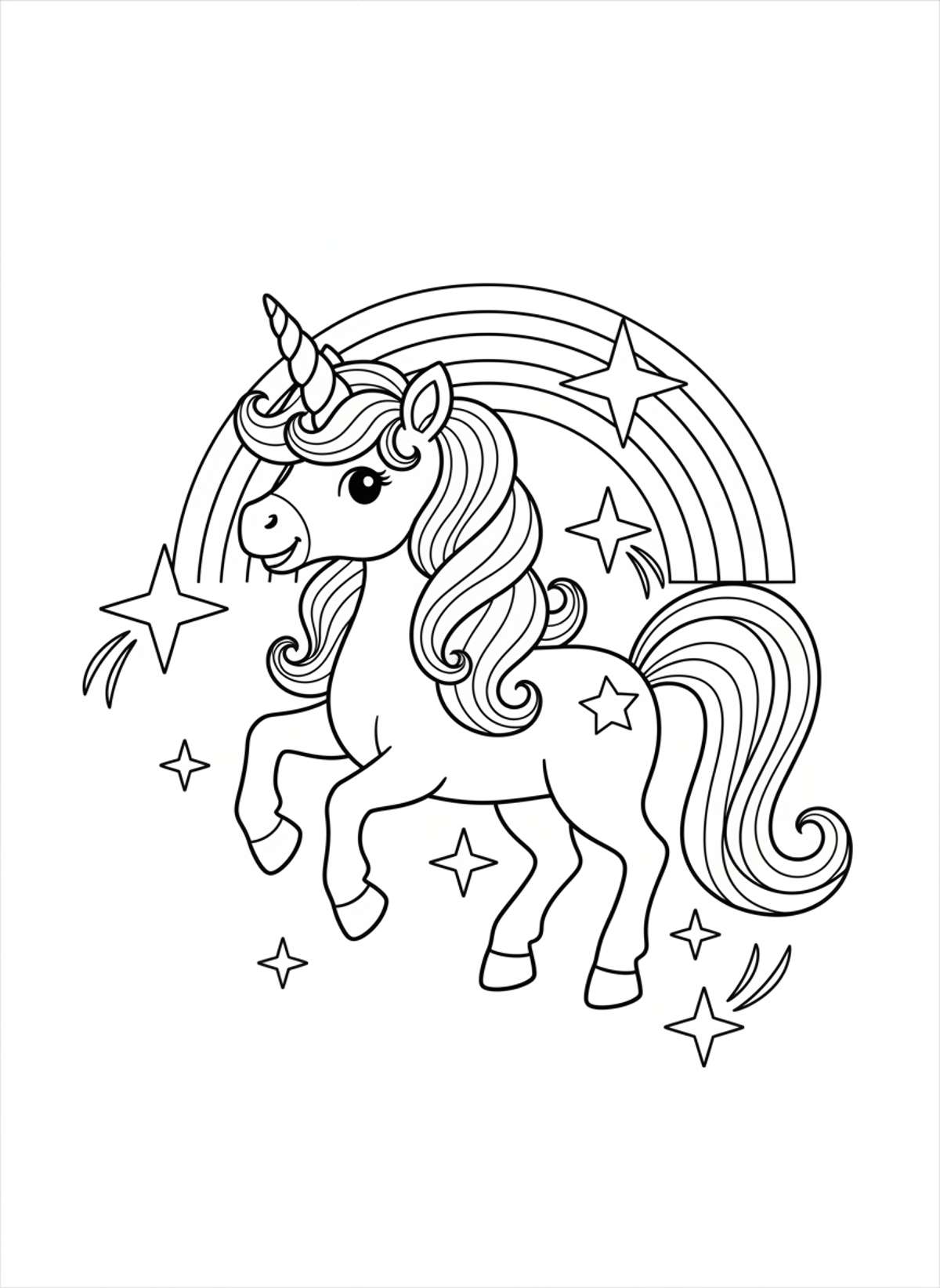 Whimsical Unicorn with Rainbow and Stars Coloring Page