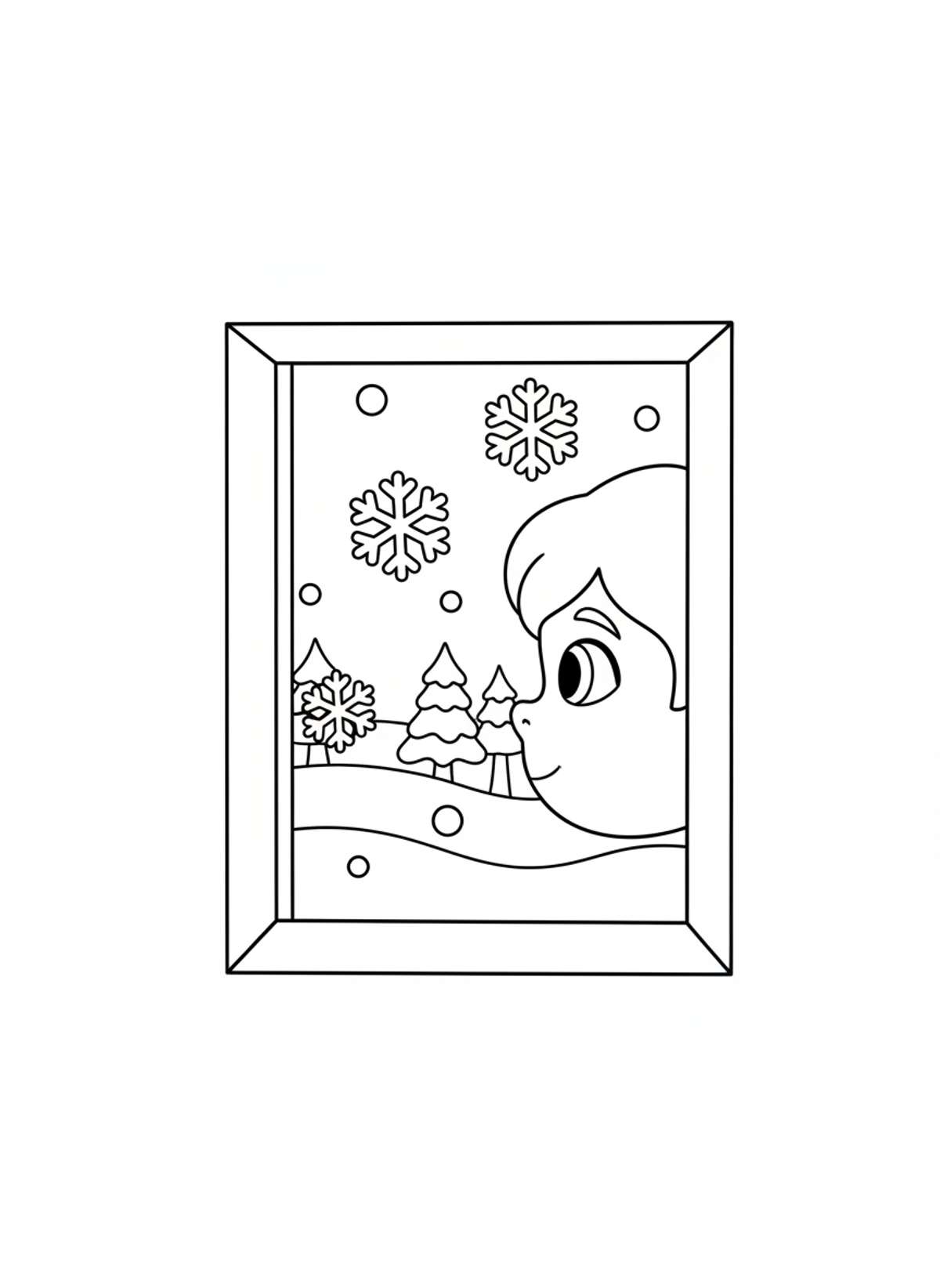 Window View Snowy Day Coloring Page - Winter Coloring Page