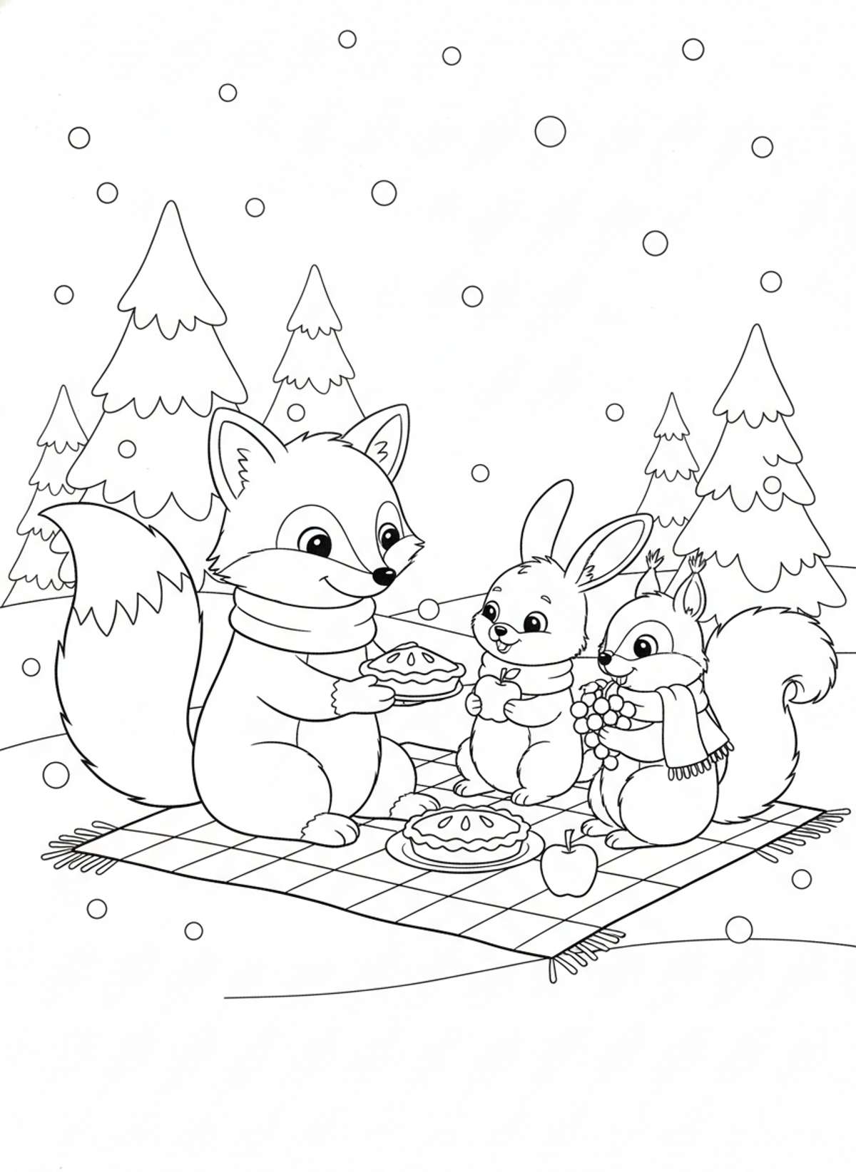 Winter Animals Picnic Coloring Page