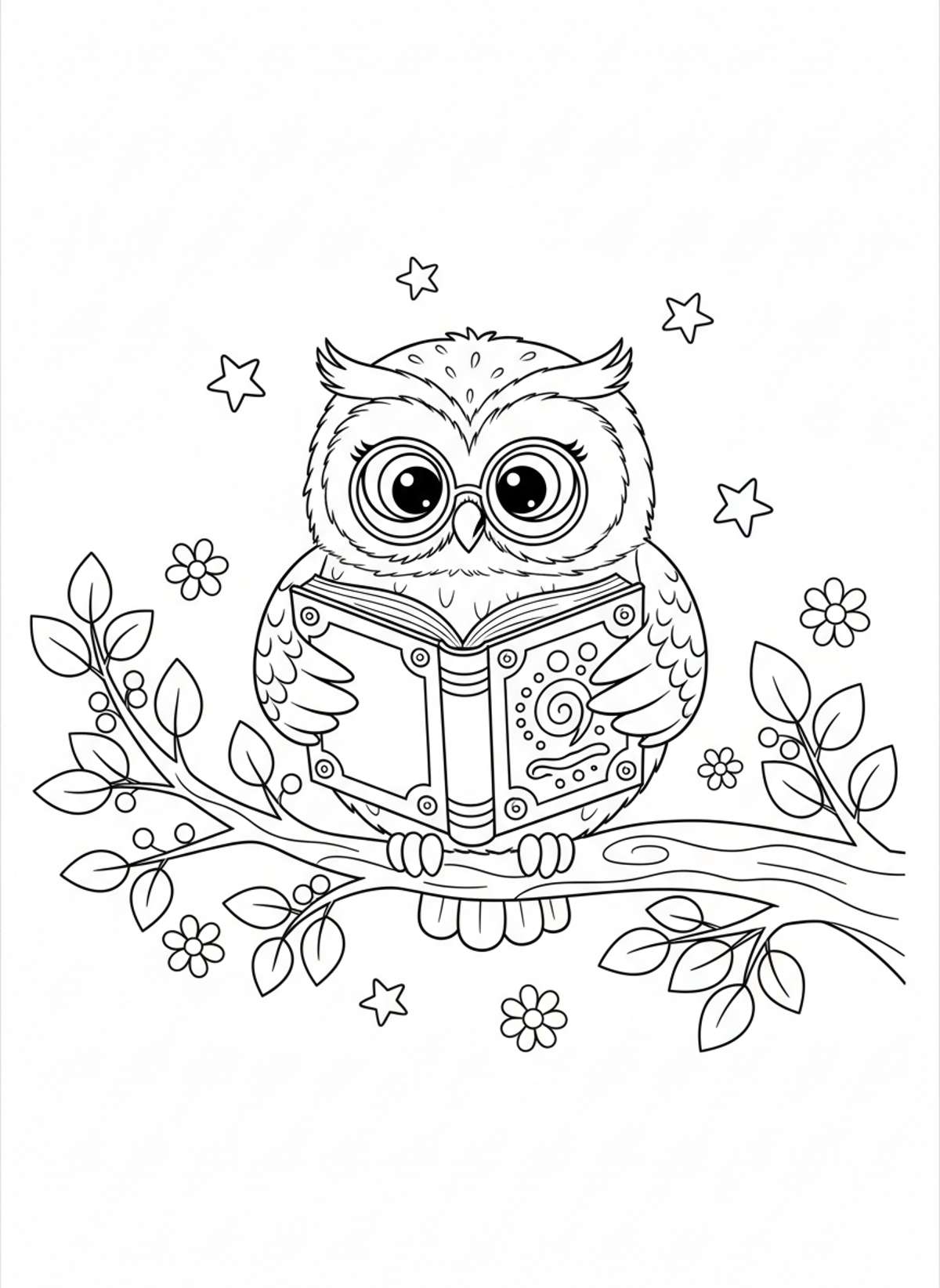 Wise Owl Reading Book: Cute Cartoon Coloring Page for Kids 5-8 - Owl Coloring Page