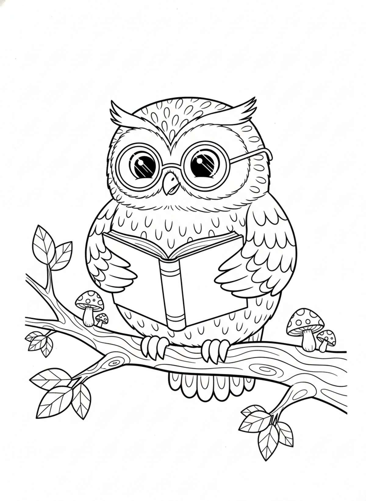 Wise Owl with Glasses Reading a Storybook: A Cute Coloring Page for Kids - Owl Coloring Page