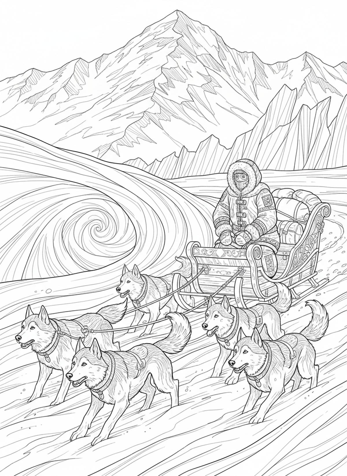 Arctic Expedition Detailed Scene Coloring Page - Winter Coloring Page