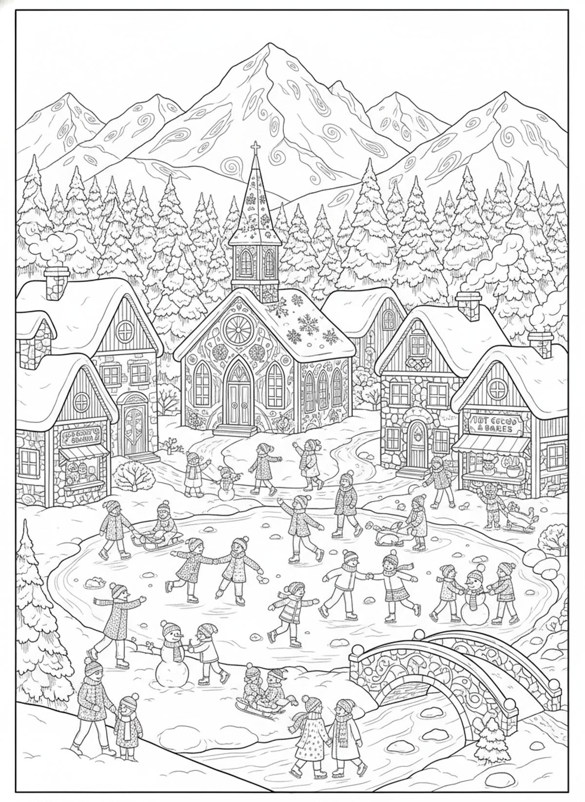Bustling Snowy Winter Village Coloring Page - Winter Coloring Page