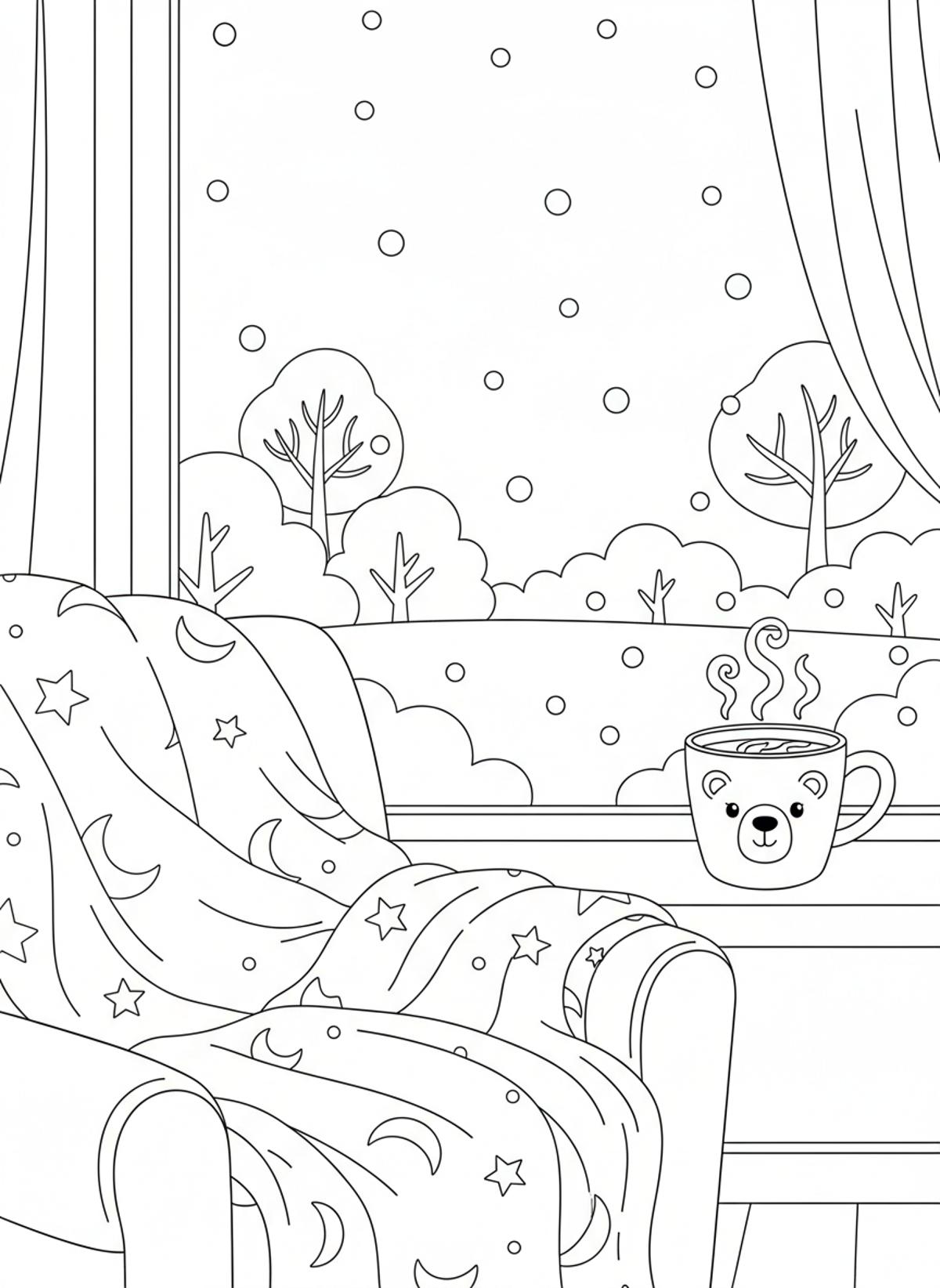 Cozy Window Snow View Coloring Page - Winter Coloring Page