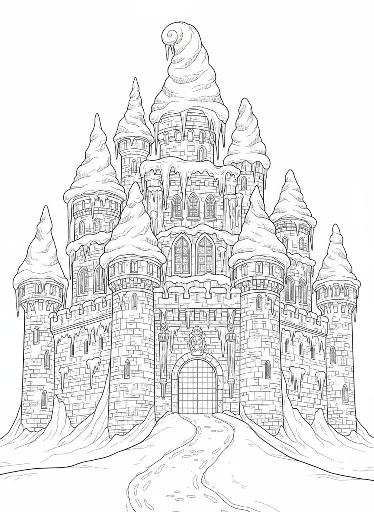 Detailed Snow-Covered Castle Coloring Page - Winter Coloring Page