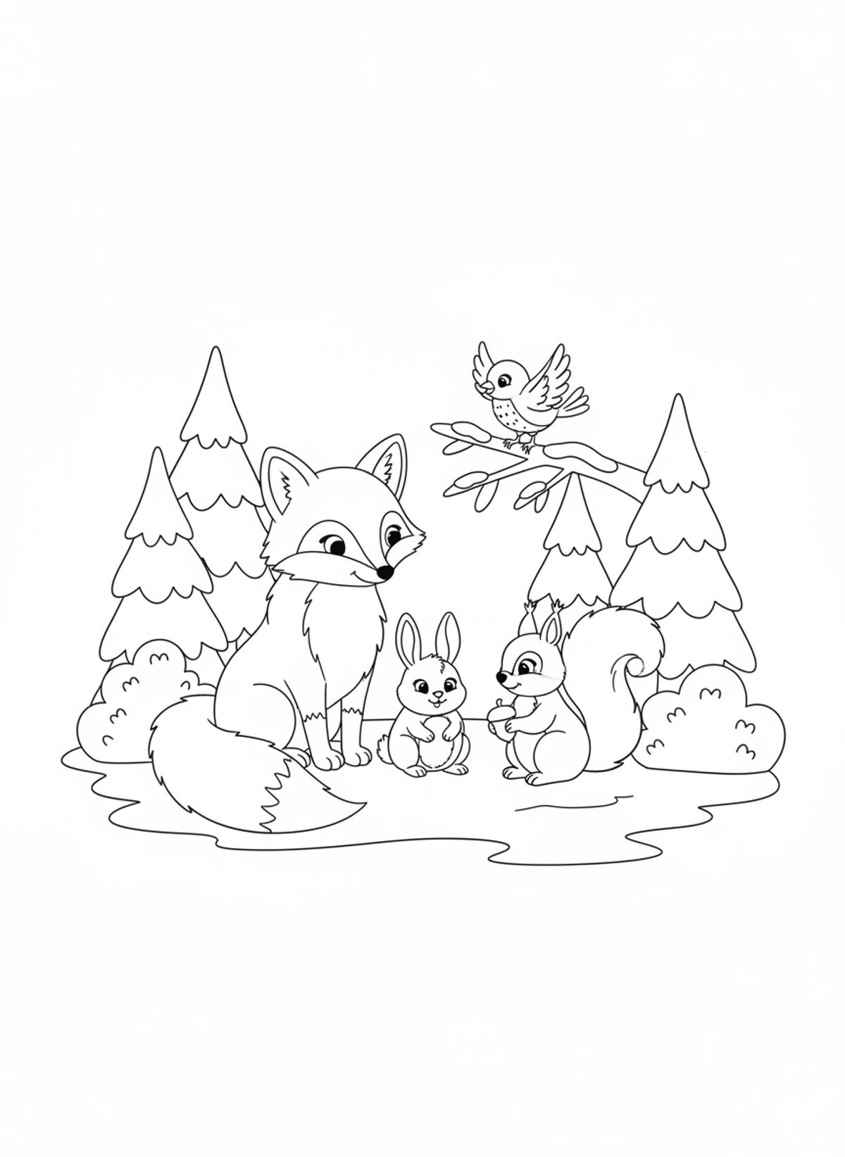 Forest Animals Winter Gathering Coloring Page - Winter Coloring Page