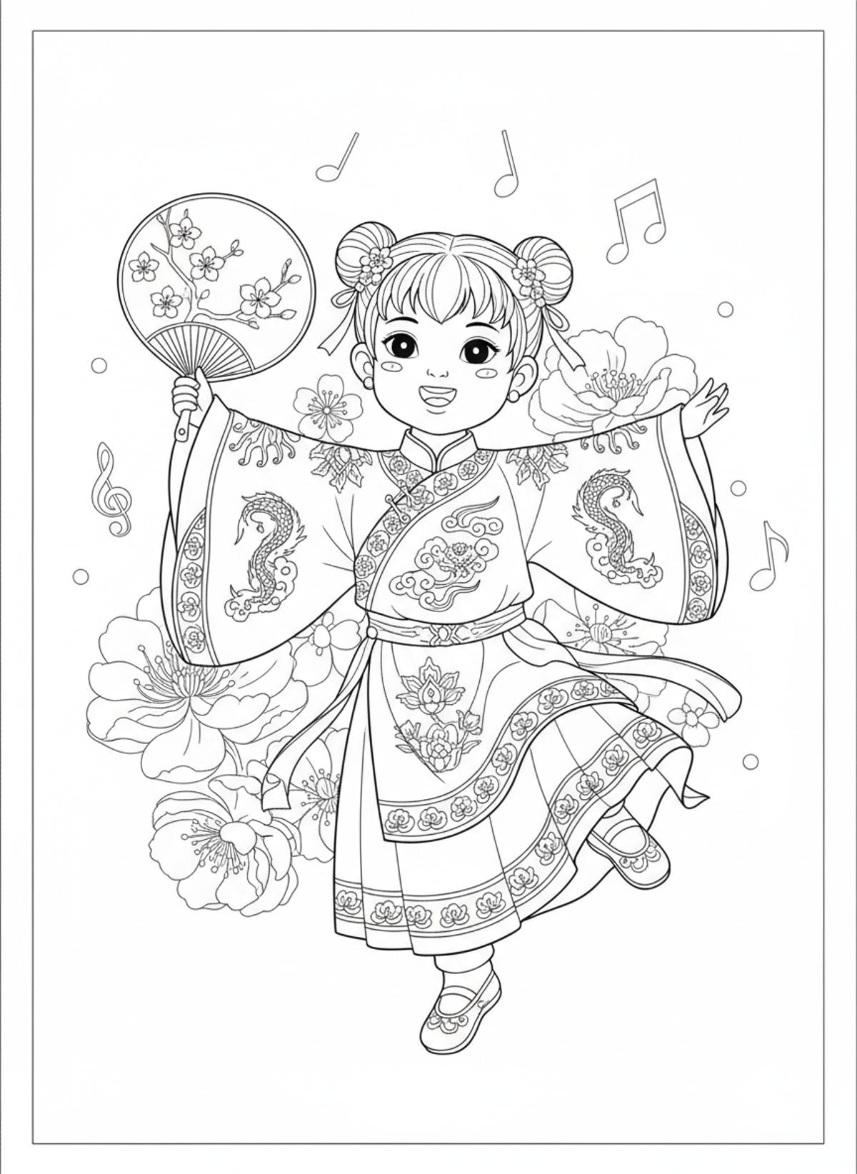 Joyful Chinese Folk Dancer: Kids' Coloring Page - Festival Celebration Coloring Page