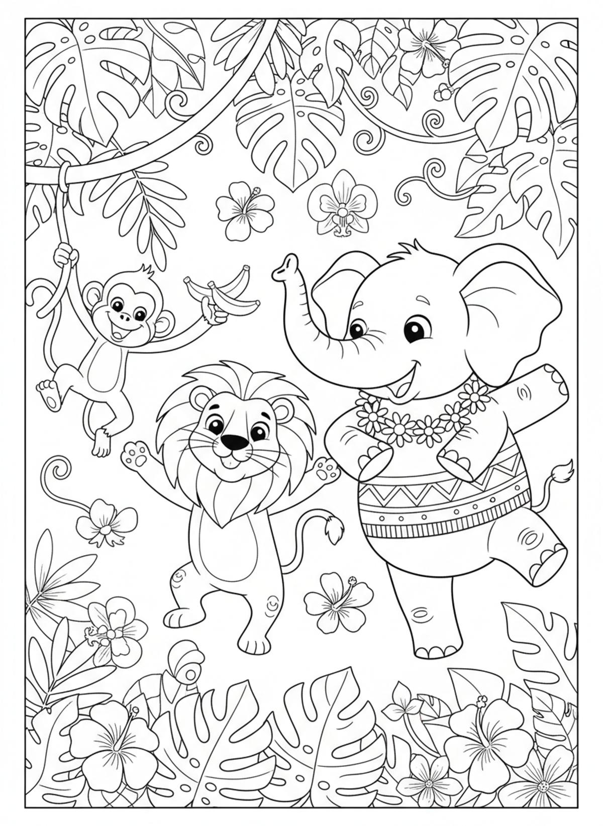 Joyful Jungle Animals Dancing Coloring Page for Kids - Friends Coloring Page