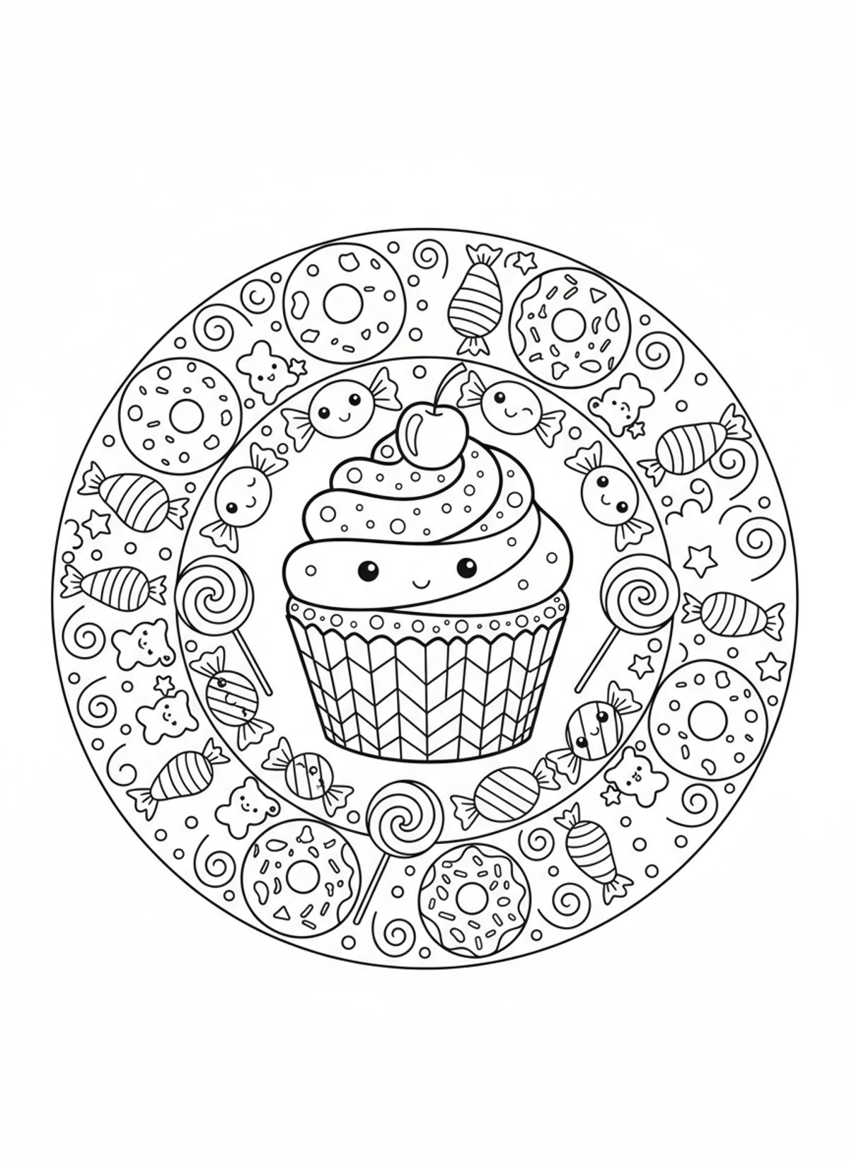 Whimsical Dessert Mandala Coloring Page for Kids - Dessert Coloring Page